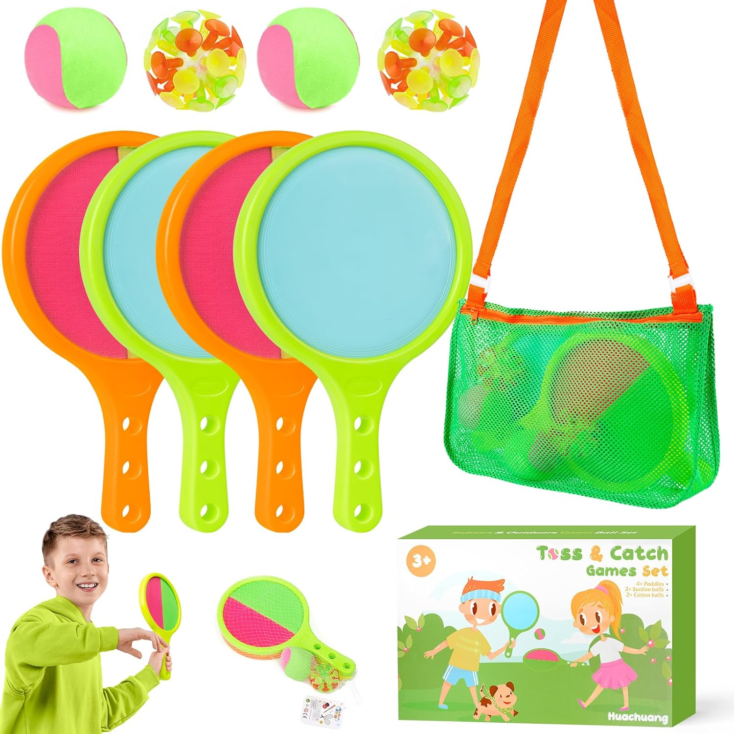 Toss Catch Ball Toys Set: Toddler Outdoor Games for Kids with 4 Paddles 4 Balls - Family Outside Toys with Mesh Beach Toy Bag - Backyard Games Activities for Ages 3-12 Orangebag-2pack