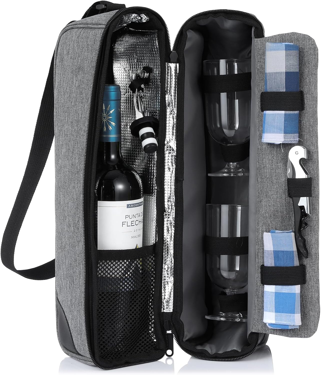 Wine Bag, Wine Cooler Bag for Gift, Wine Bottle Carrier Tote Bag Set Insulated with Cooler Compartment for Travel, Picnic, Beach with Wine Glasses, Wine Opener, Wine Stopper
