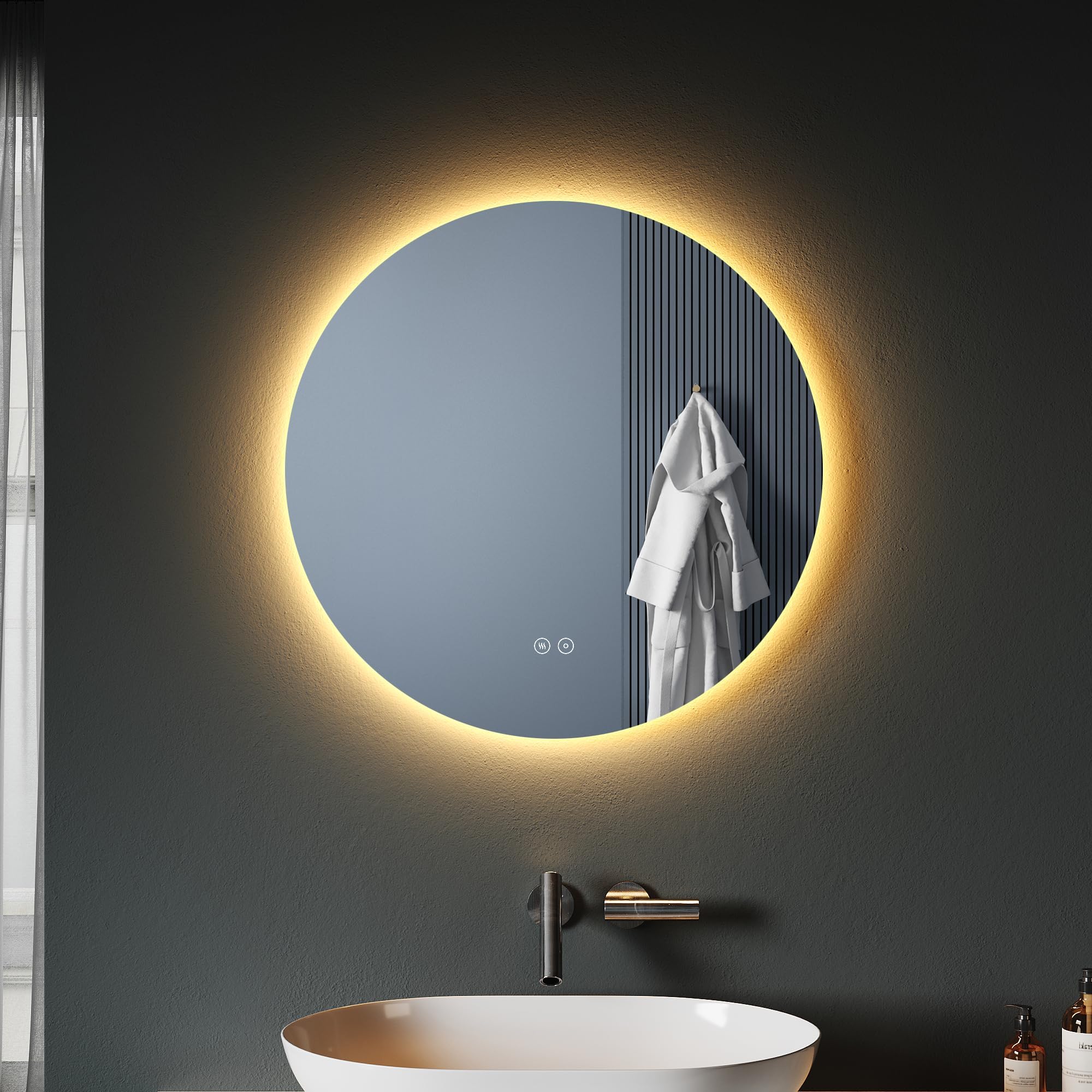 SONNI Espejo Baño LED Redondo Luz Regulable 3 Colores Antivaho 60x60 cm Espejo con Luz Baño con Interruptor Táctil IP65