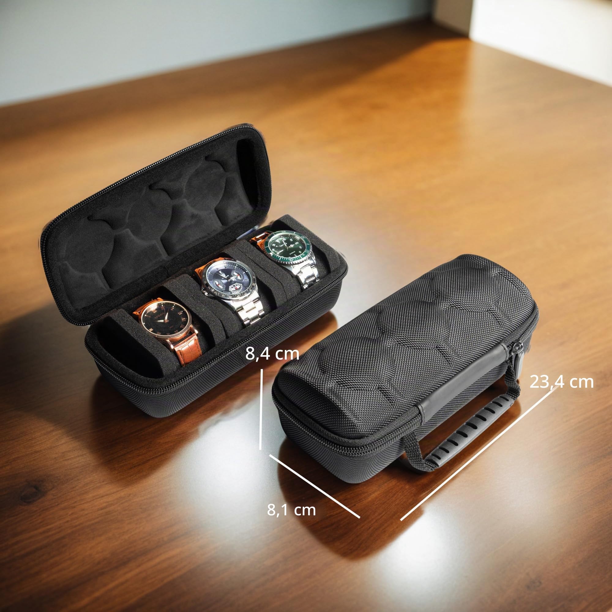 Estuche rígido de viaje para reloj de 3 ranuras, organizador con almohada antimovimiento, negro