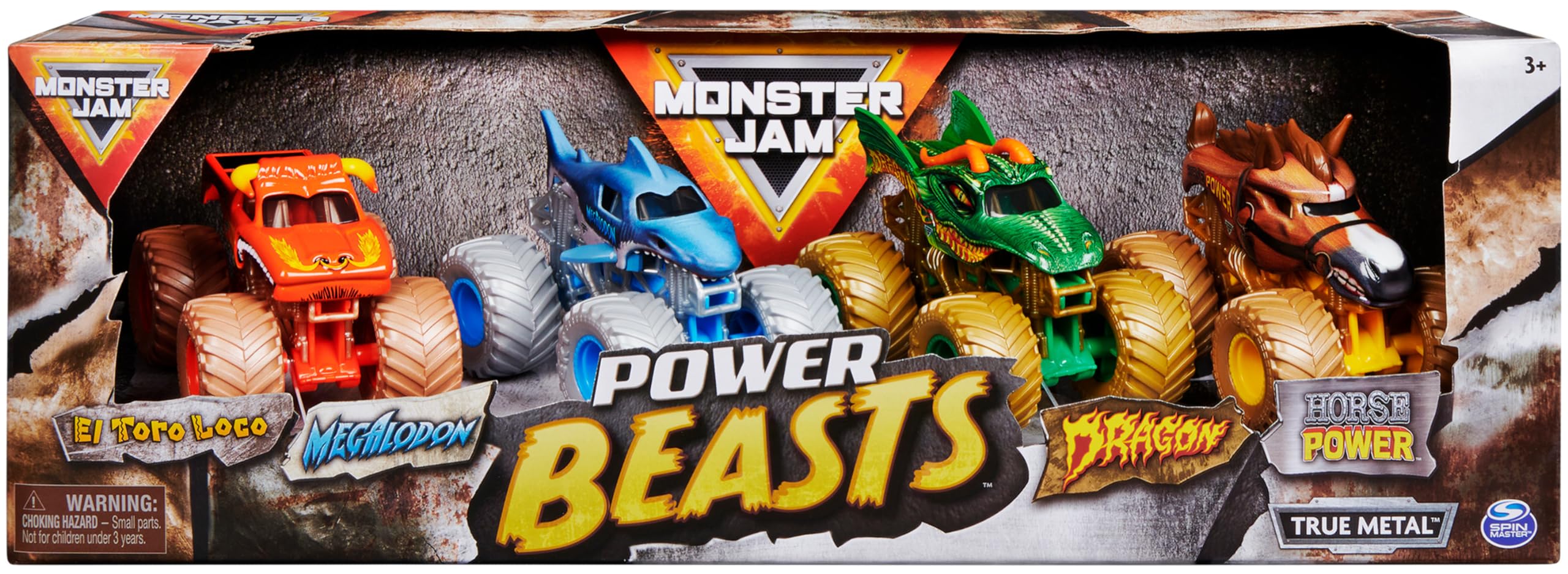 MONSTER JAM - Pack POWER BEASTS: 4 Monster Truck Metálicos a Escala 1:64 - 6053860 - Coches para Niños - Juguetes Niños 3 años +