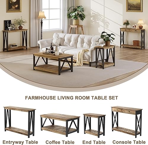 Miniatura 30 de ChooChoo Mesa de centro de granja, mesa rústica vintage para sala de estar con estante, 40 blanco Blanco,Negro -,Espresso,Negro puro,Roble rústico y