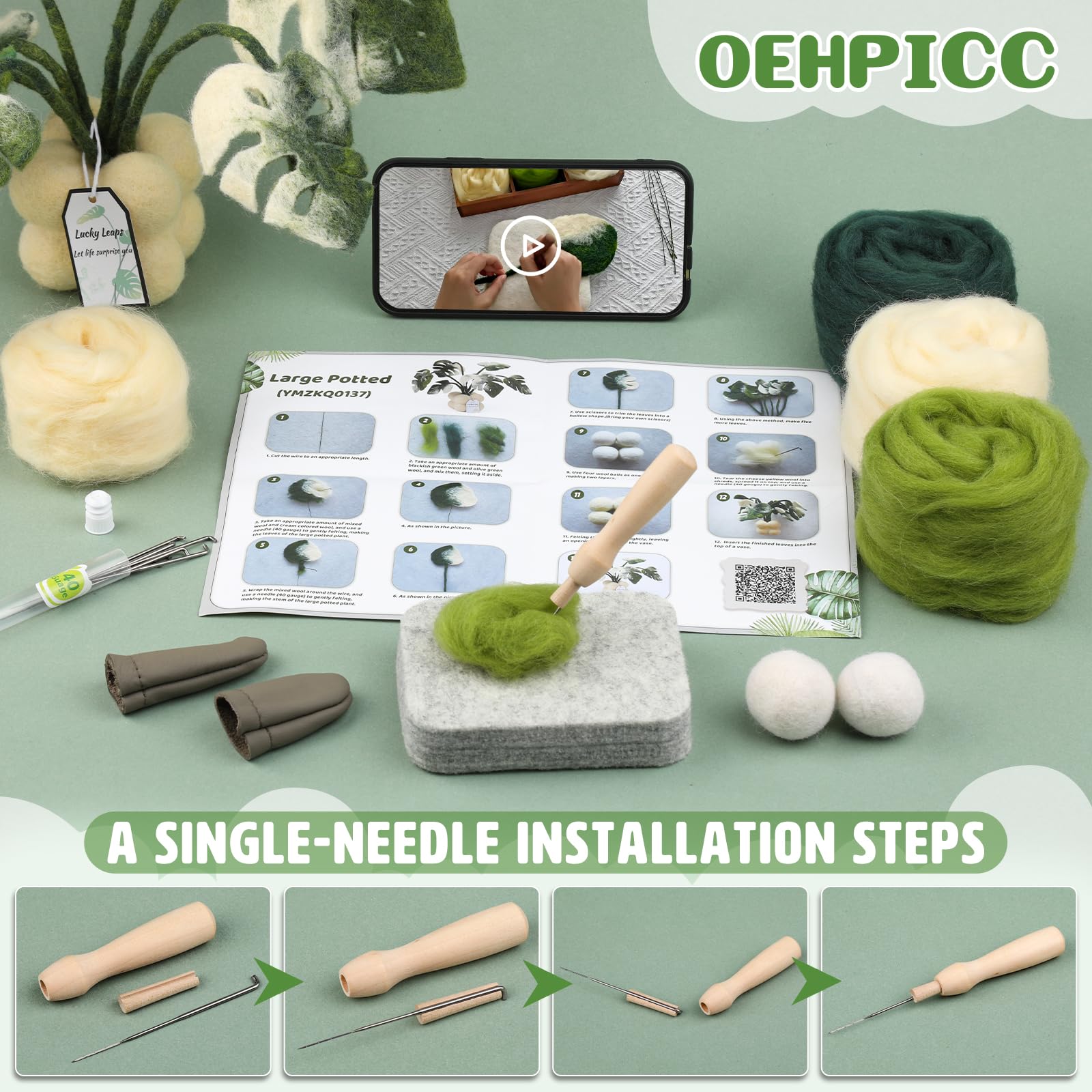 OEHPICC Kit de fieltro de aguja, kits de fieltro de plantas para principiantes y adultos, kit de fieltro de lana con bolas de lana de fieltro, agujas de fieltro, almohadilla de fieltro de lana