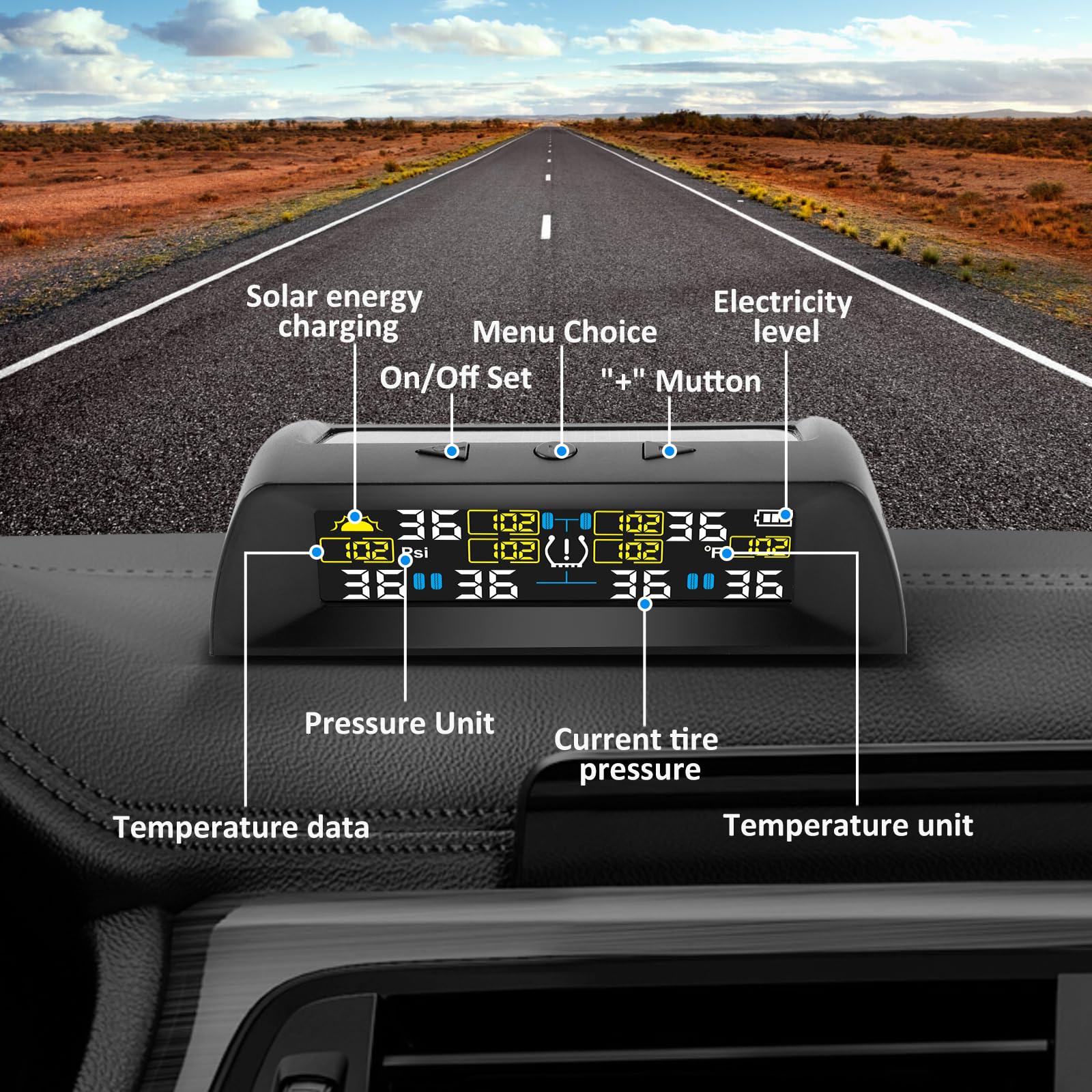 KAOLALI TPMS Sistema de Control de presión de neumáticos, con 6 Modos de Alarma, Carga Solar y Carga USB, con Pantalla LCD a Color y 6 sensores de presión de neumáticos externos, 0-9,9 Bar(0-144PSI)