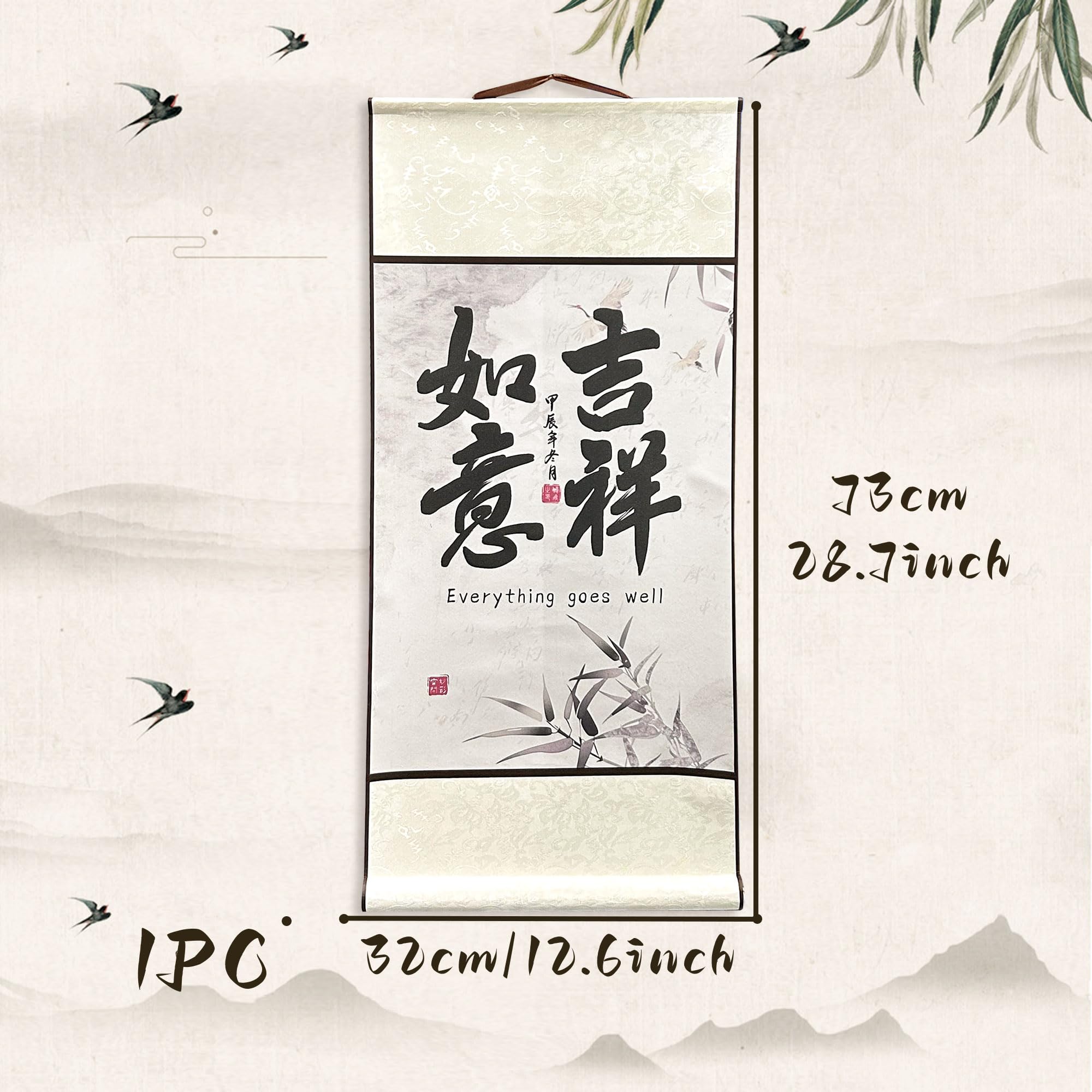 BACH AND BOUJEE Chinesische Kultur Malerei Scrolls Silk Hanging Paintings Alles läuft gut Asiatische Dekoration für Zuhause Hängende Gemälde für Wohnzimmer Chinesischer Segen Hängende Malerei