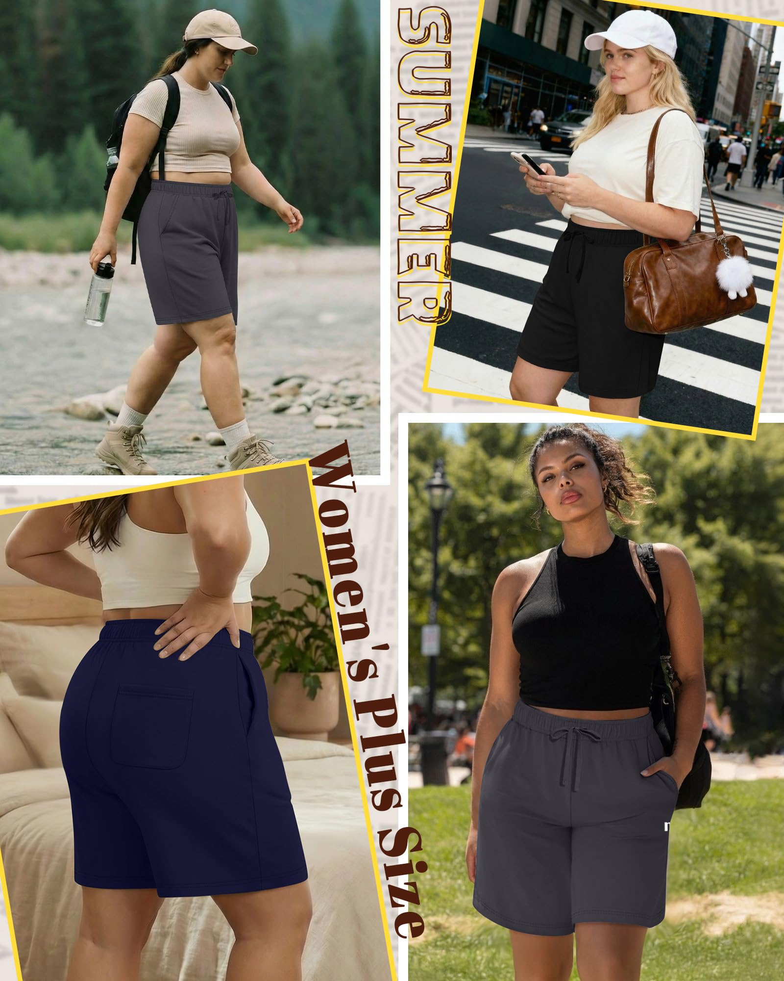 Neer 3 Lot Bermudas Femmes Grandes Tailles | Tissu 90 % coton, taille haute avec cordon réglable, vêtements décontractés pour la maison, yoga sportif avec poches