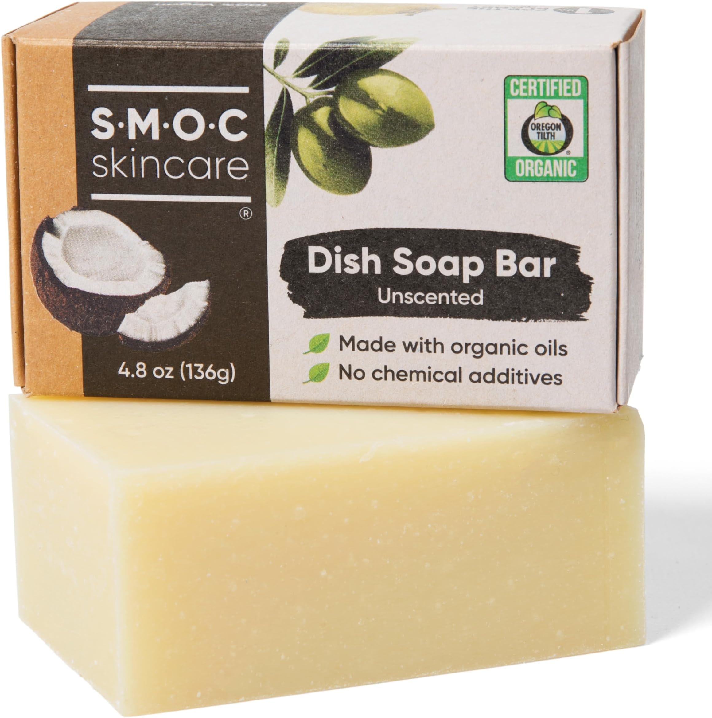 Dish Soap Bar - Certified Organic, Unscented Solid Dishwashing Soap Block - Palm Oil-Free, Vegan All Natural Soap Cleaner for Dishes made from Food-Grade Ingredients - (1)