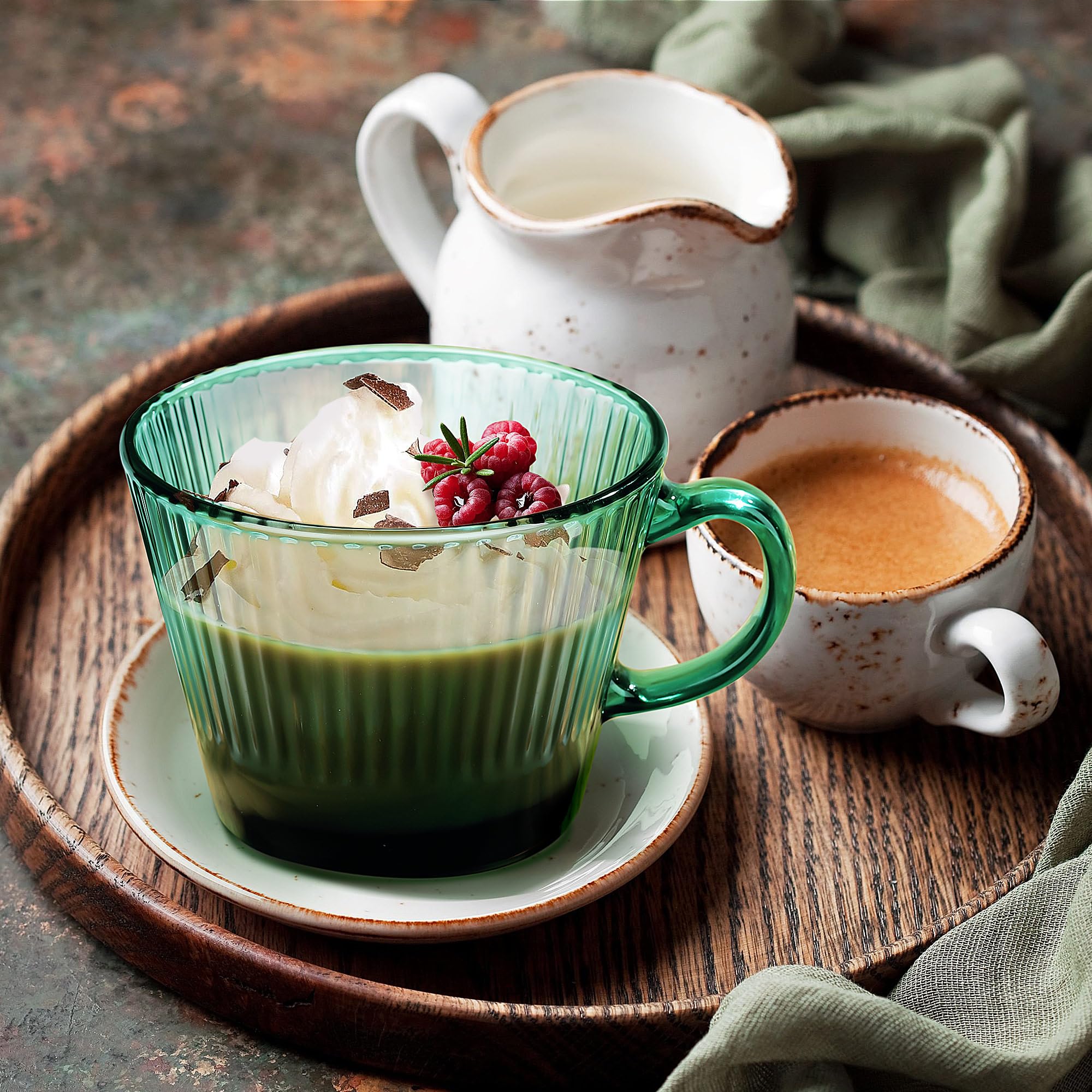 Joeyan 400ml Tazze da Caffè in Vetro,Set di 2 Verde Tazza con cucchiaino,Bicchieri a Coste per espresso Demitasse, Cappuccino Latte Tè,Latte, Cereali, Gelato, Yogurt, Lavabili in Lavastoviglie
