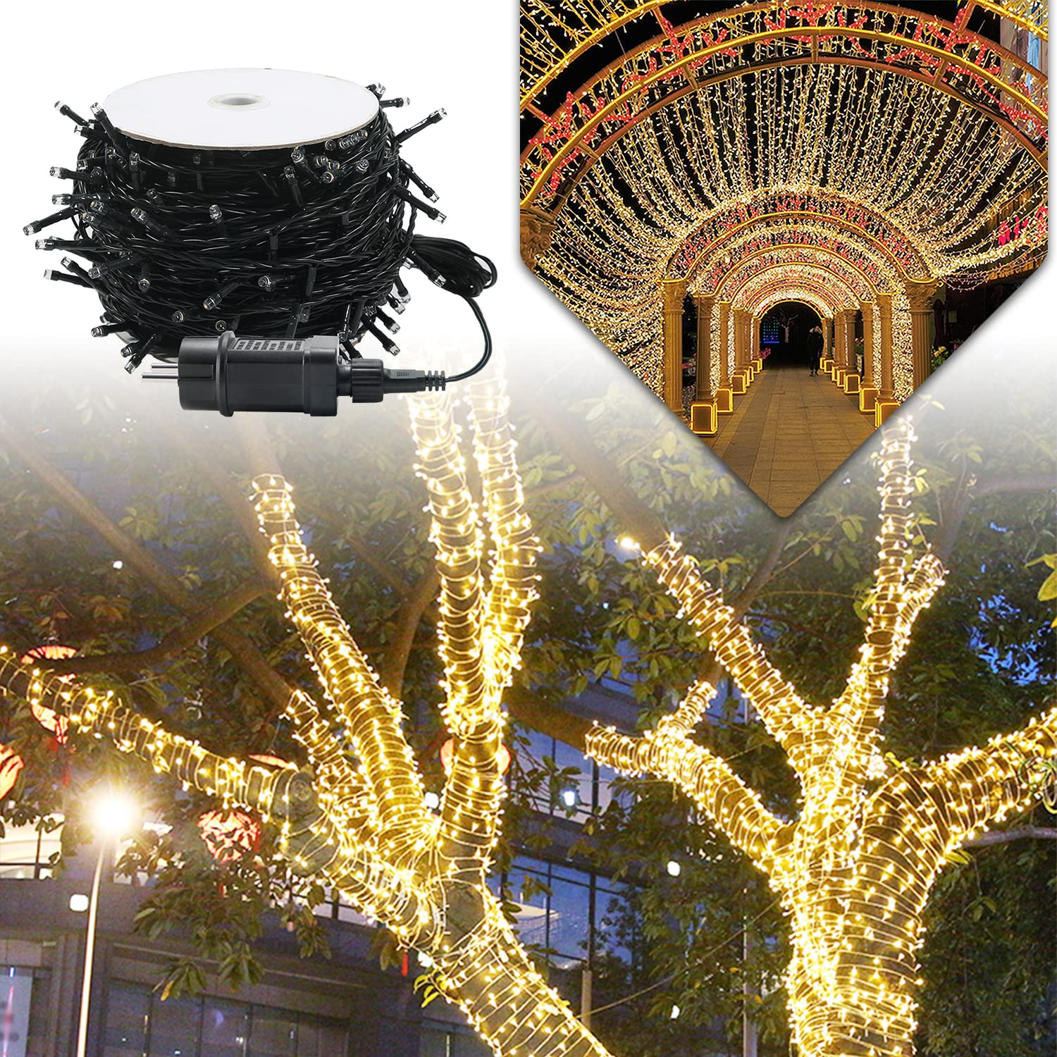 Łańcuch świetlny, 1000 diod LED, do użytku na zewnątrz, IP44, odporny na warunki atmosferyczne, na Boże Narodzenie, imprezę, dekoracja pokoju dziecięcego – ciepła biel, 100 m