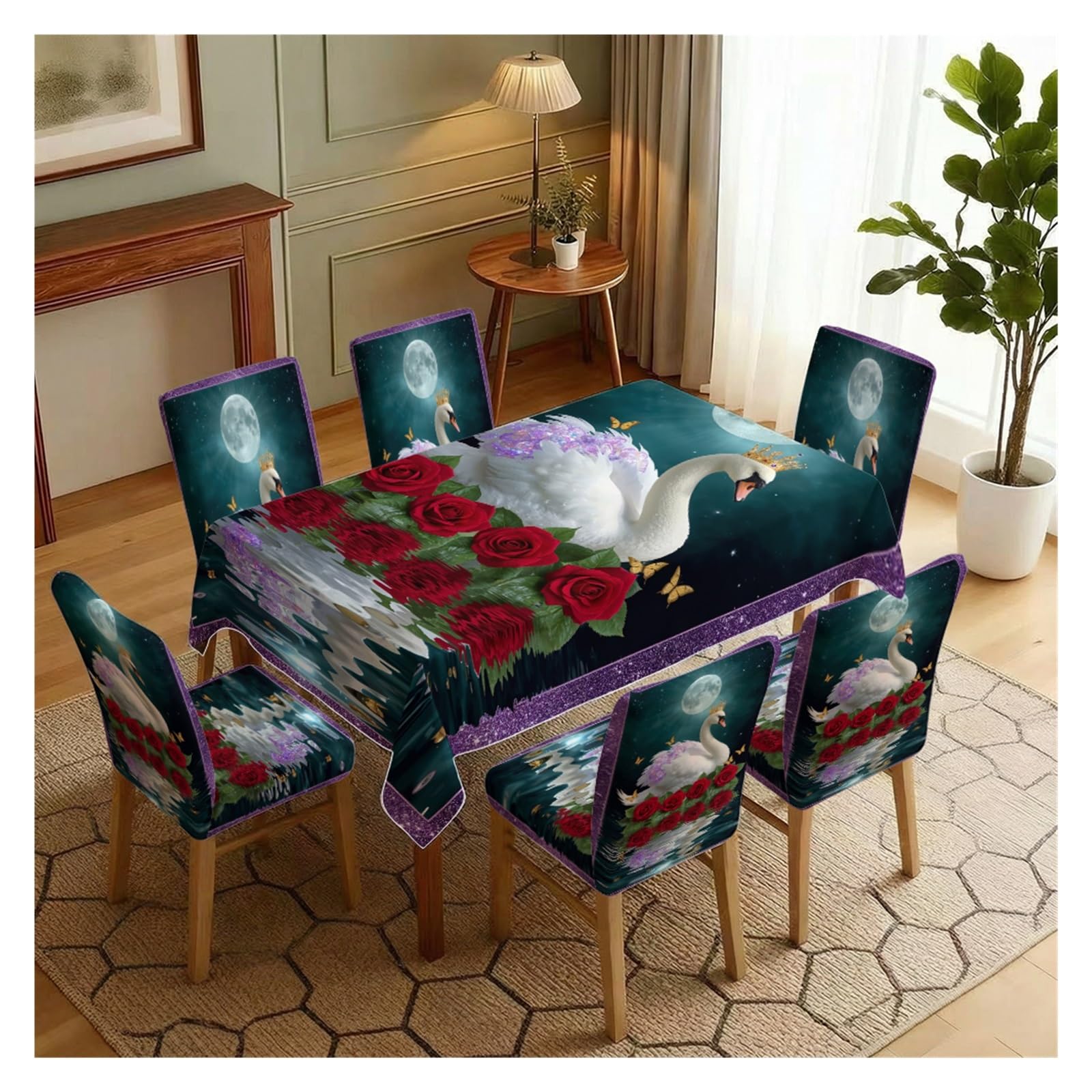 BOSUYBN Moonlight Swan Rose Dining Chair Covers & Tablecloth Set, 5/7 Piece Dreamy Purple Glitter Slipcovers For Romantic Home Decor Table Setting(7pcs Set: Tablecloth+Chair Covers)