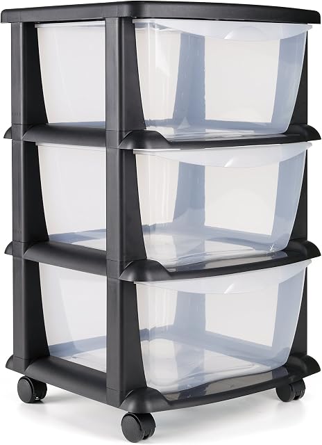 Plastic Storage Drawers on Wheels by Maxi Nature - Sturdy Frame, Durable, 3 Tier Large Storage, Unit for Bedroom, Bathroom, Garage, Office, Clear Plastic Drawer