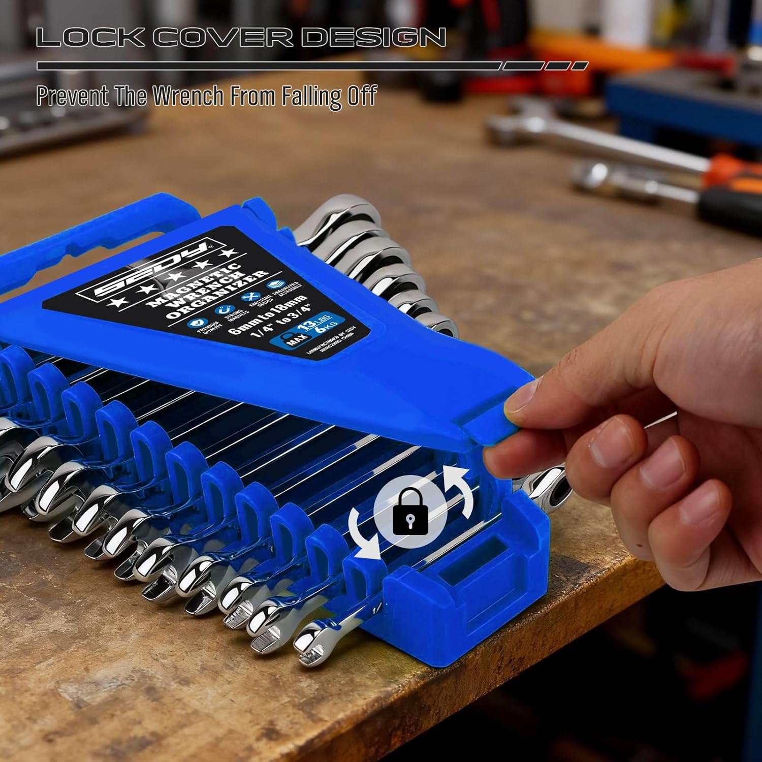 2-Piece Magnetic Wrench Organizer, 24-Slot Wrenches Holder Set with Lock Cover Metric 6–18mm & SAE 1/4-3/4", Wrench Rack Tool Trays with Carrying Handle for Wall Mount Toolbox Drawer Storage