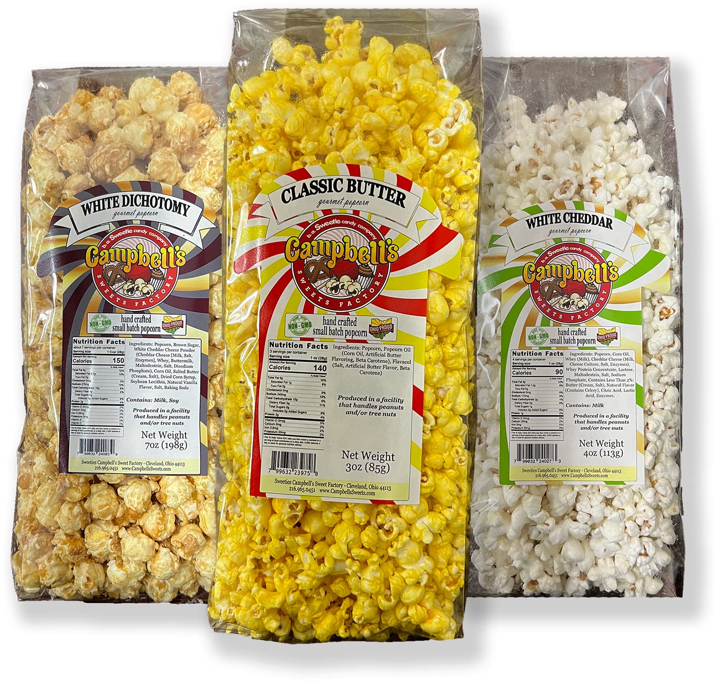 Campbell's Sweets Factory White Cheddar, White Dichotomy & Butter Gourmet Popcorn Flavors - 3 Individual Bags Combo Pack Specialty Popped Popcorn