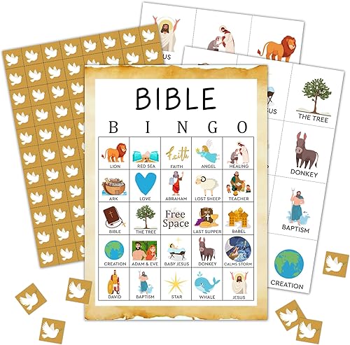 Juegos de fiesta de bingo bíblico cristiano con 24 jugadores, actividades religiosas de bingo bíblico para vacaciones familiares, escuela bíblica,