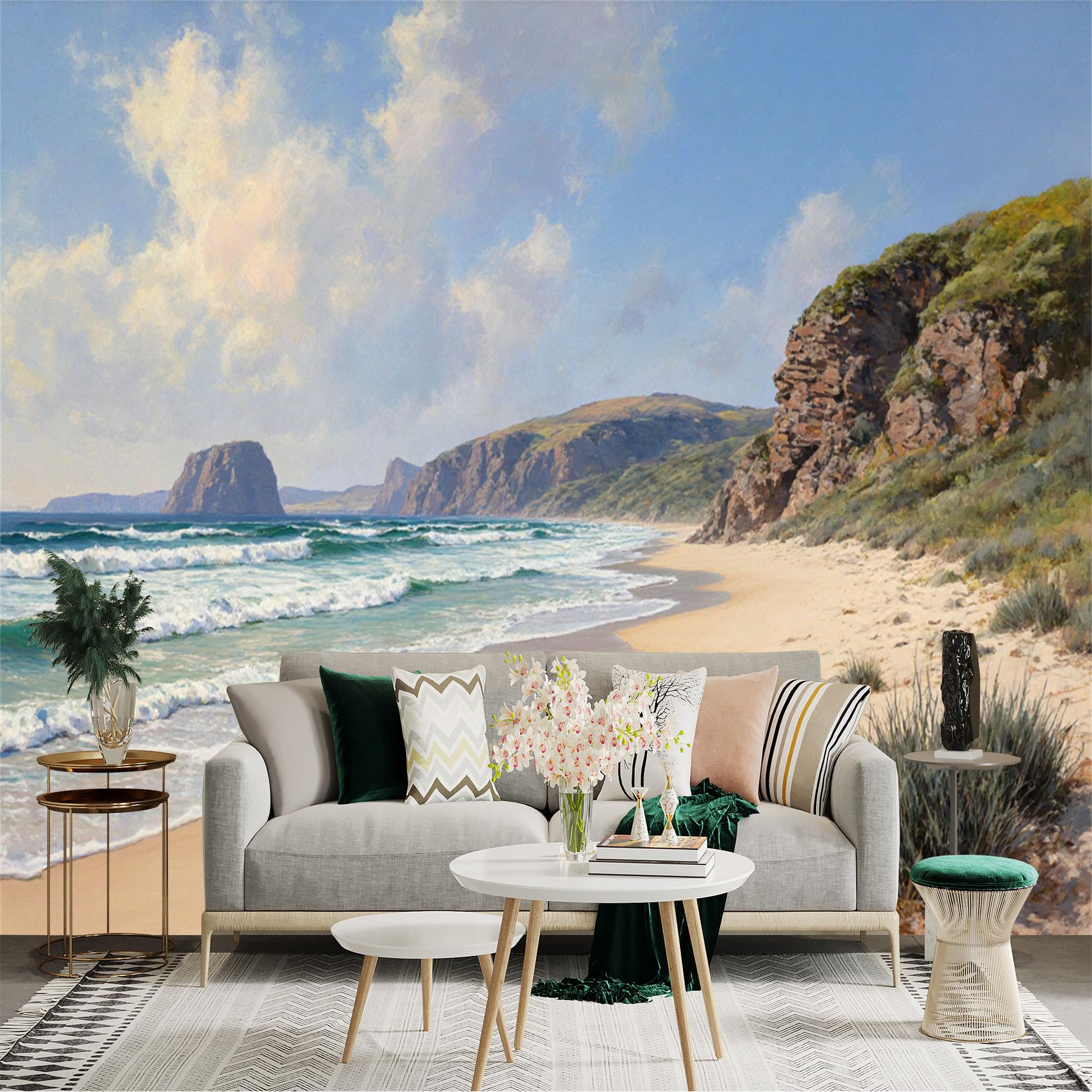 Custom Size Wall Sticker Mural， Coastal Beach with Waves， Rocky Cliffs and Blue Sky， for wall Decoration， peelandstick wall Decals.