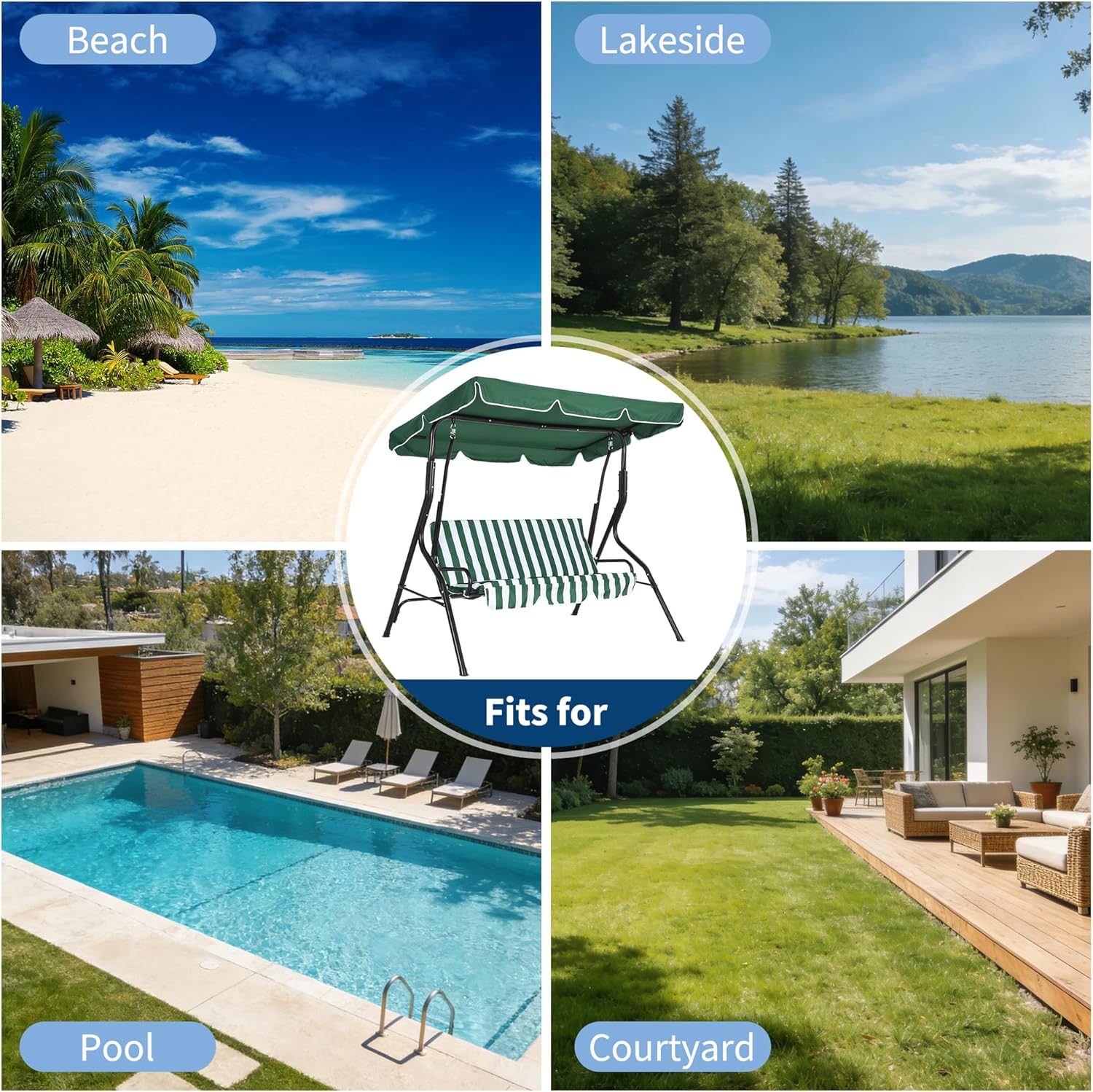 GarveeLife Outdoor Porch Swing Chair with Adjustable Canopy for Adults, 3-Seat Patio Glider Bench with Thick Cushions, Steel Frame Outdoor Swing Chair for Backyard Lawn Garden