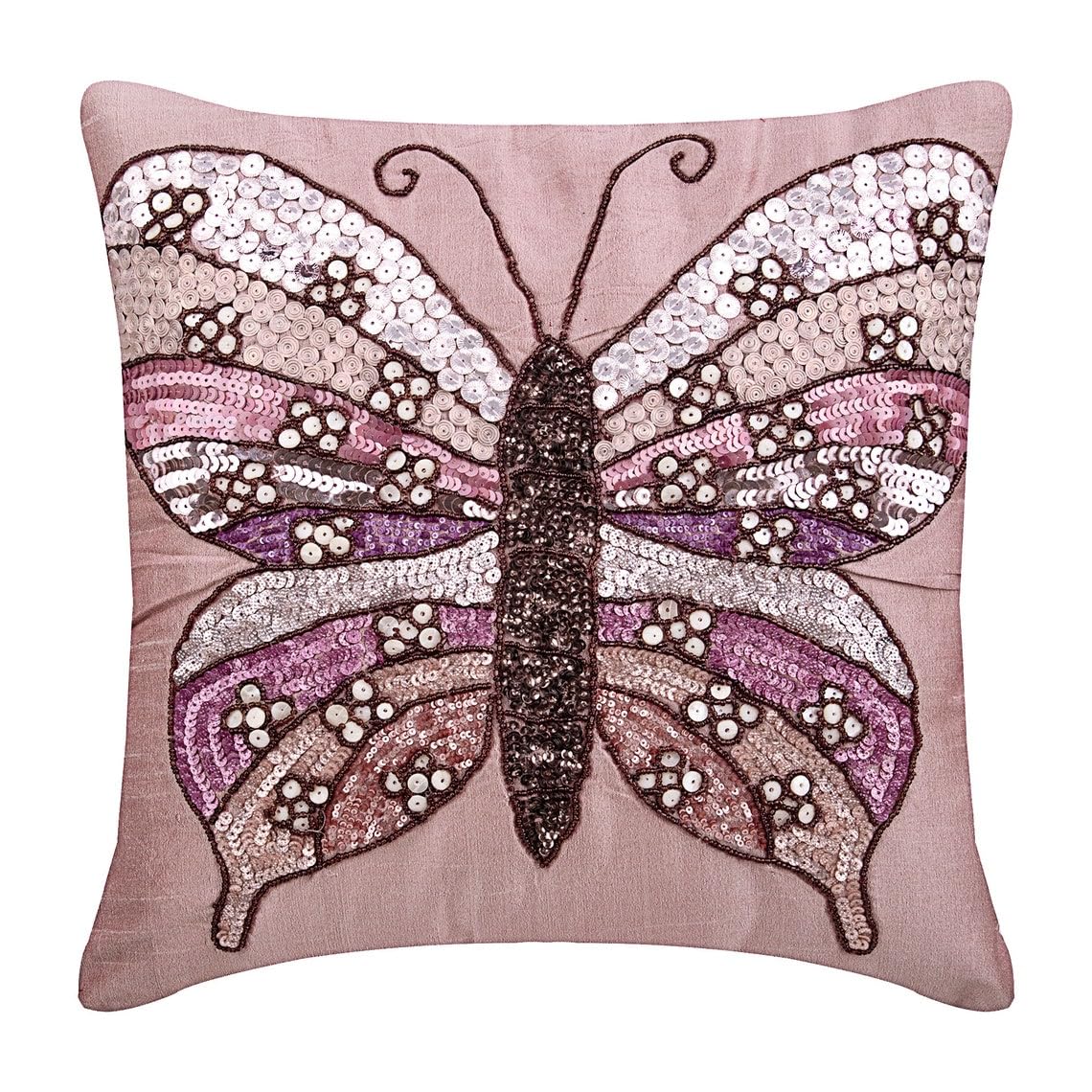 The HomeCentric Pink Euro Sham, Pack of 2, 65x65 cm (26"x26") Euro Cushion, Sequins & Beaded Butterfly Euro Cushion Shams, Silk Euro Sham, Floral Modern Euro Shams, Contemporary Pillow- Butterfly Love