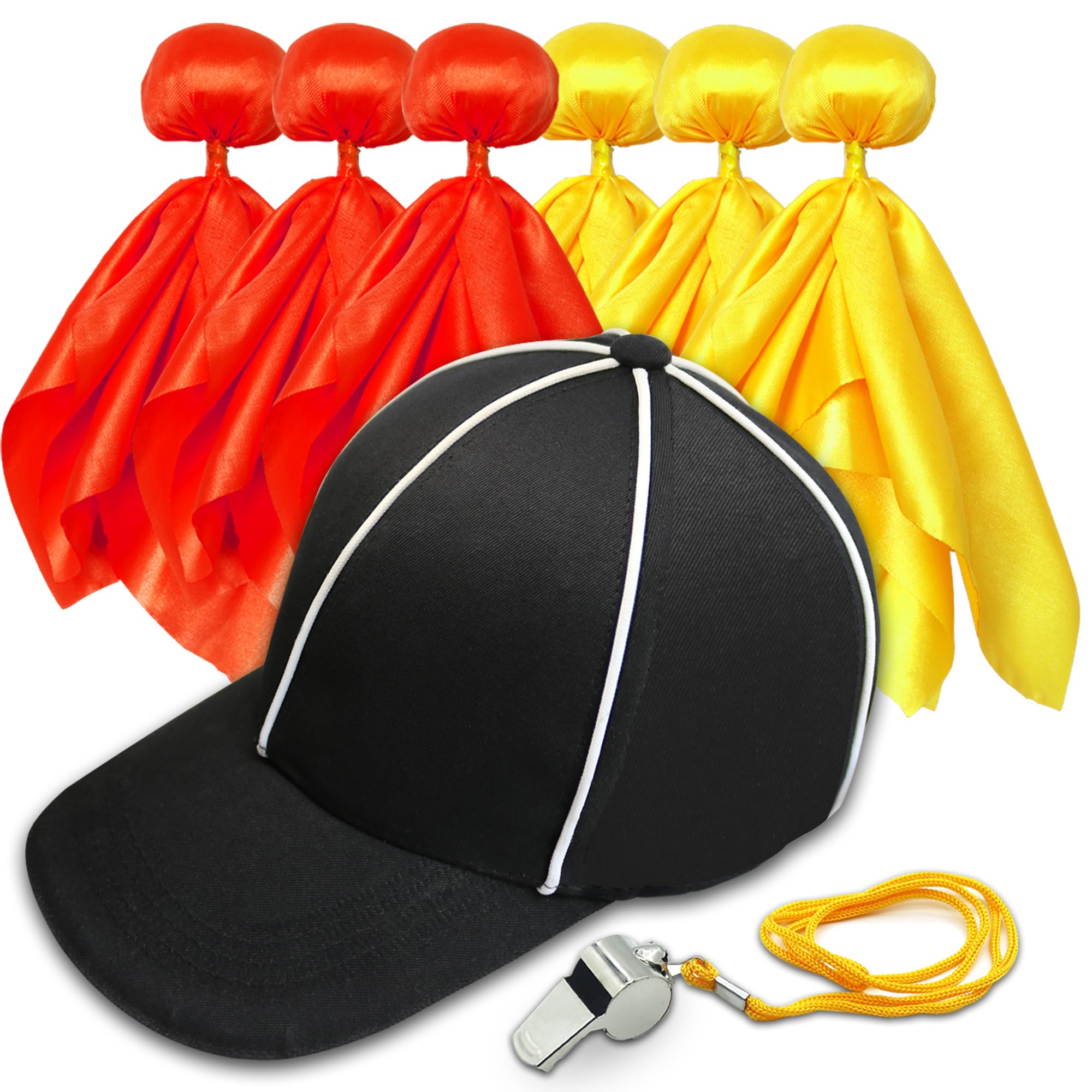 8 Pcs Challenge Flag Referee Hat Set,Tossing Flags Sports Fan Set Penalty Flag Party Accessory (3 Yellow and 3 Red),Official Football Hat and Stainless Steel Whistle,Referee Costume Cap set1