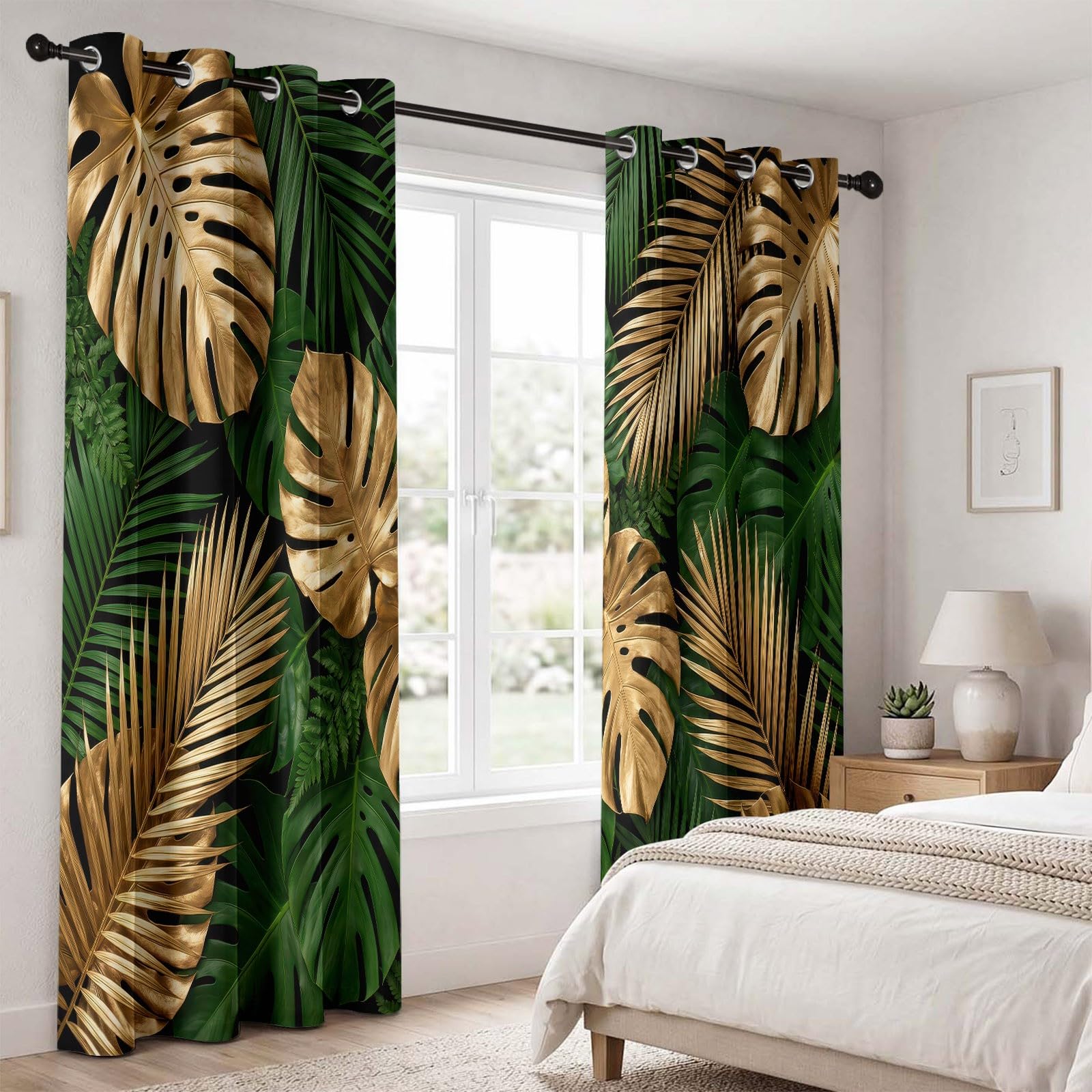 Rideaux Occultant Feuille Plante, Rideaux Occultant Monstera Métallique Tropicale Rideau Thermiques Isolant Anti Froid et Chaleur Rideau à Oeillets pour Salle De Séjour, 2 PCS, 91.5L X 160H cm