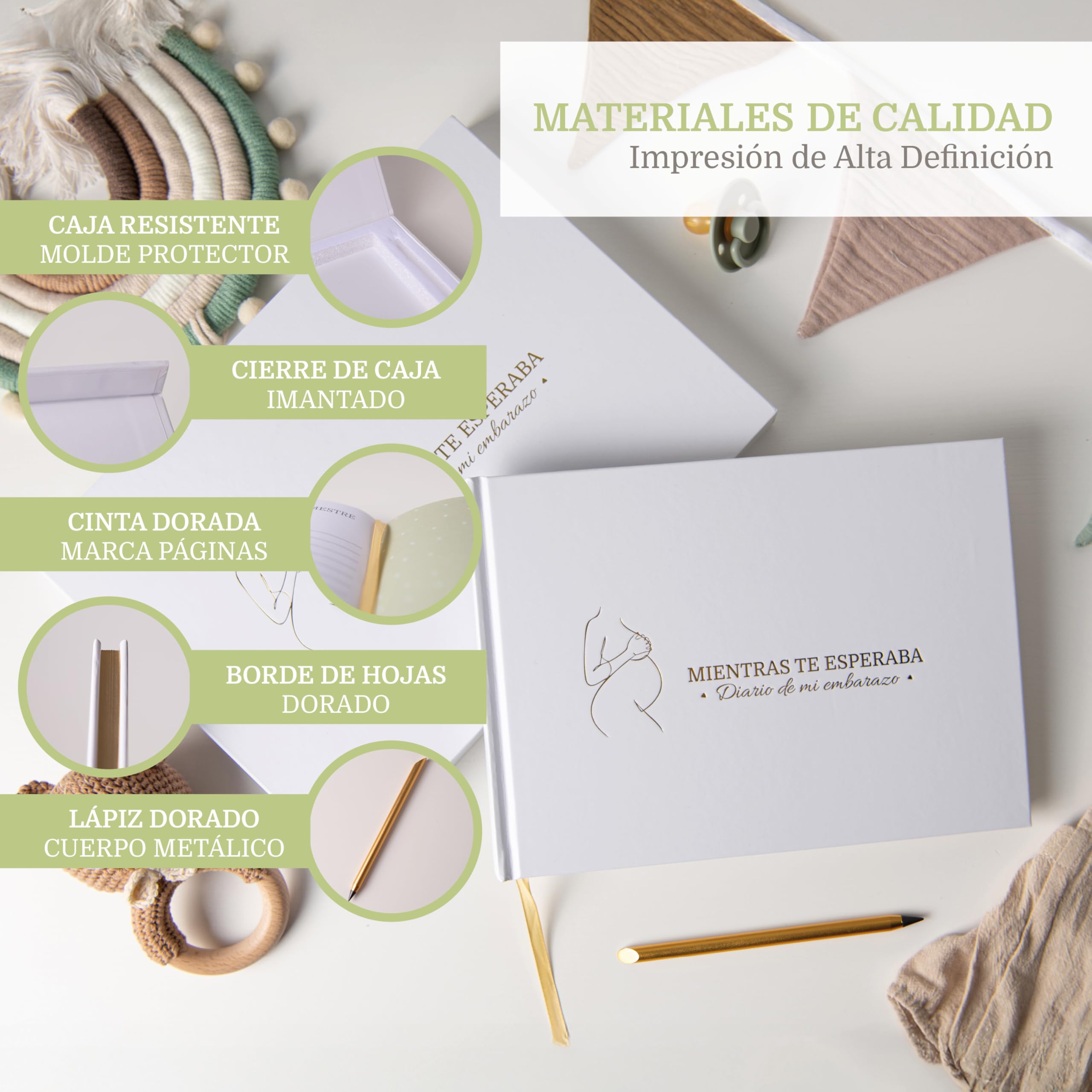 Diario Embarazo + Lápiz Metálico + Caja Regalo con Cierre Magnético | Album Embarazo | Libro Embarazo | Agenda Embarazo | Regalos Embarazadas Originales. (Español)