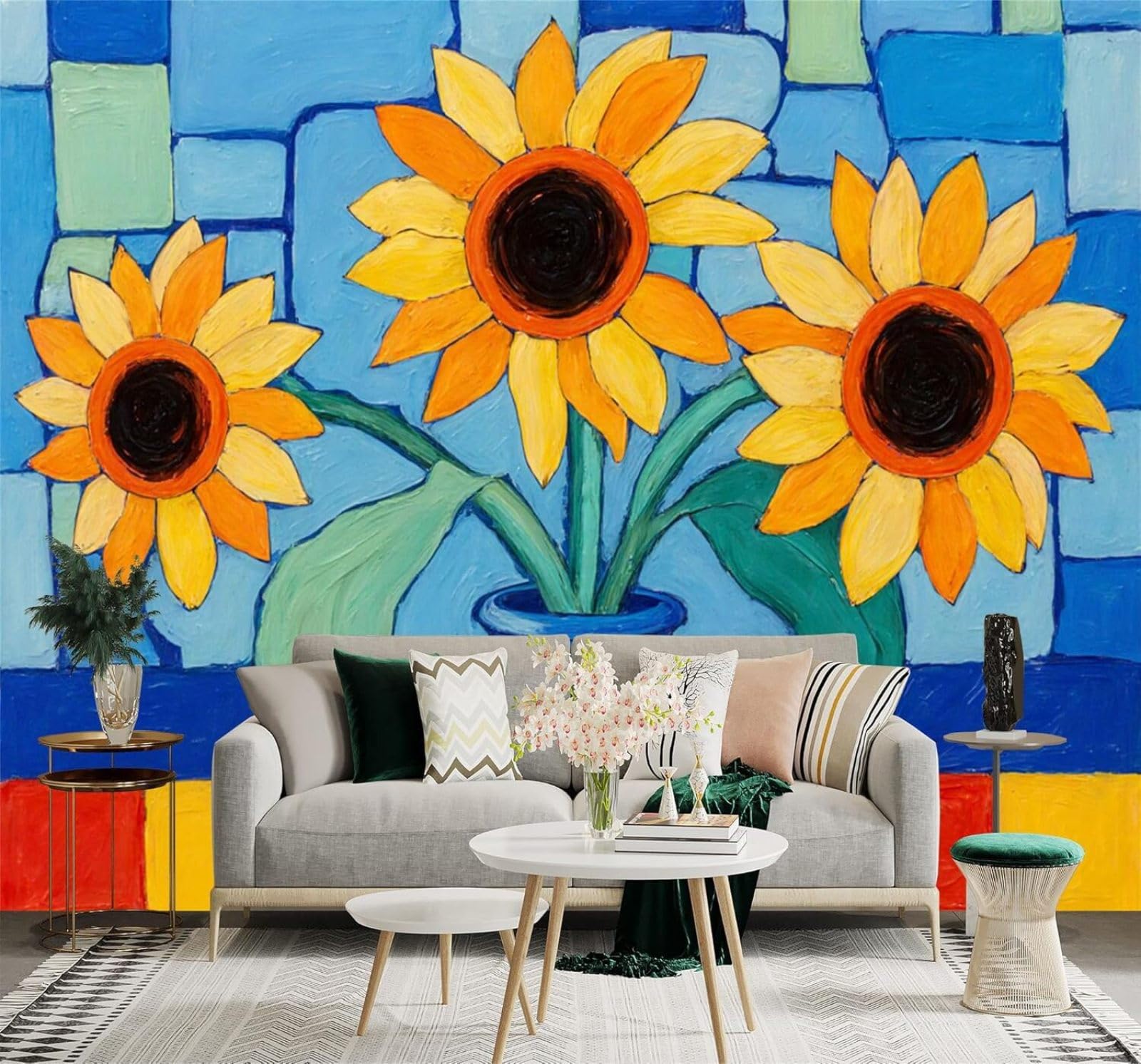Tzxztt 400Cm×280Cm(B×H) Blue Vase Colourful Sunflowers Abstract Multicoloured Geometric Modern 3D Wallpaper Premium Textured Silk Neutral Tones Material Ideal For Living Room Bedroom-400Cm×280Cm