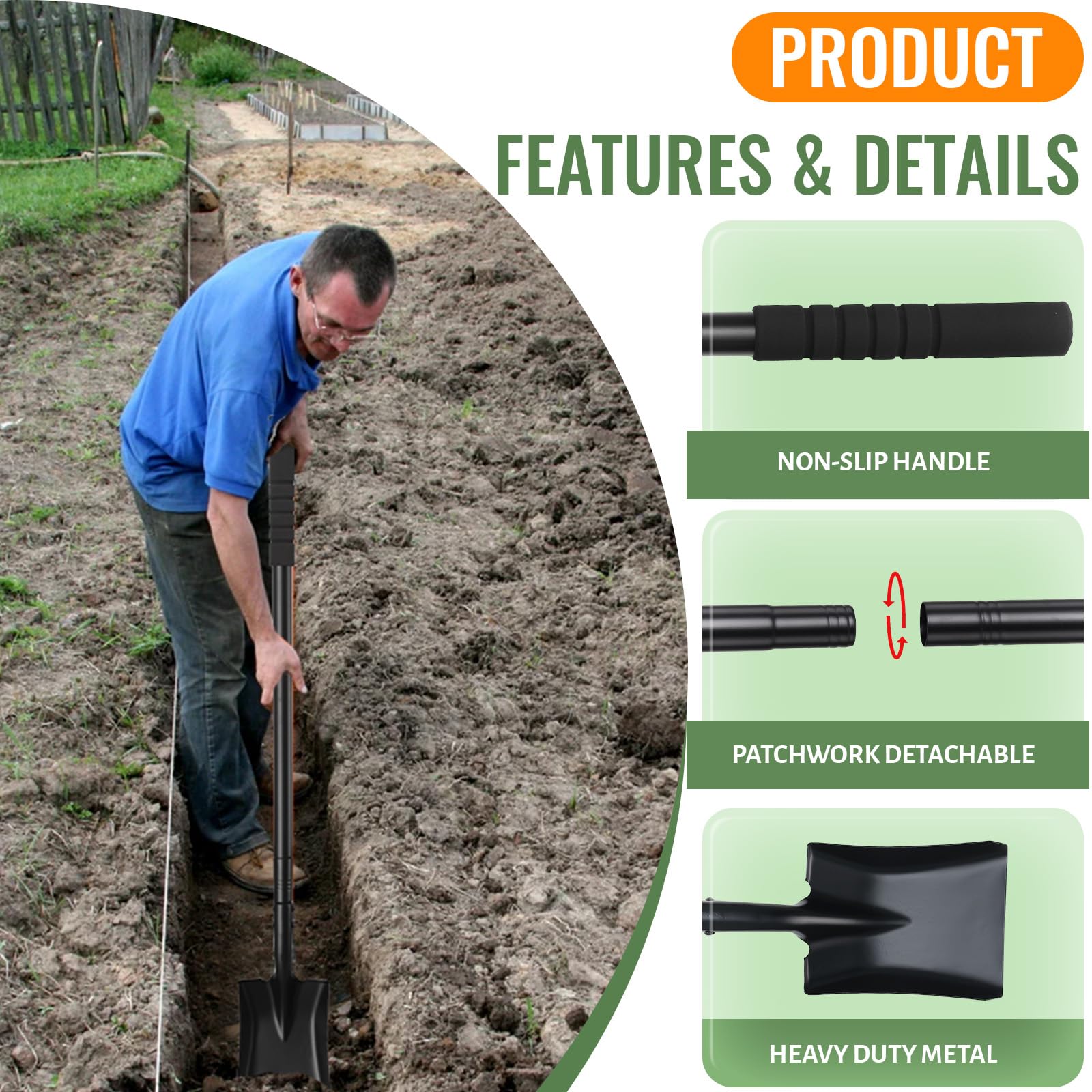 Pala jardineria pequeña con Mango metálico de 110cm, Mini Pala Desmontable para jardinería Camping Supervivencia,Negro