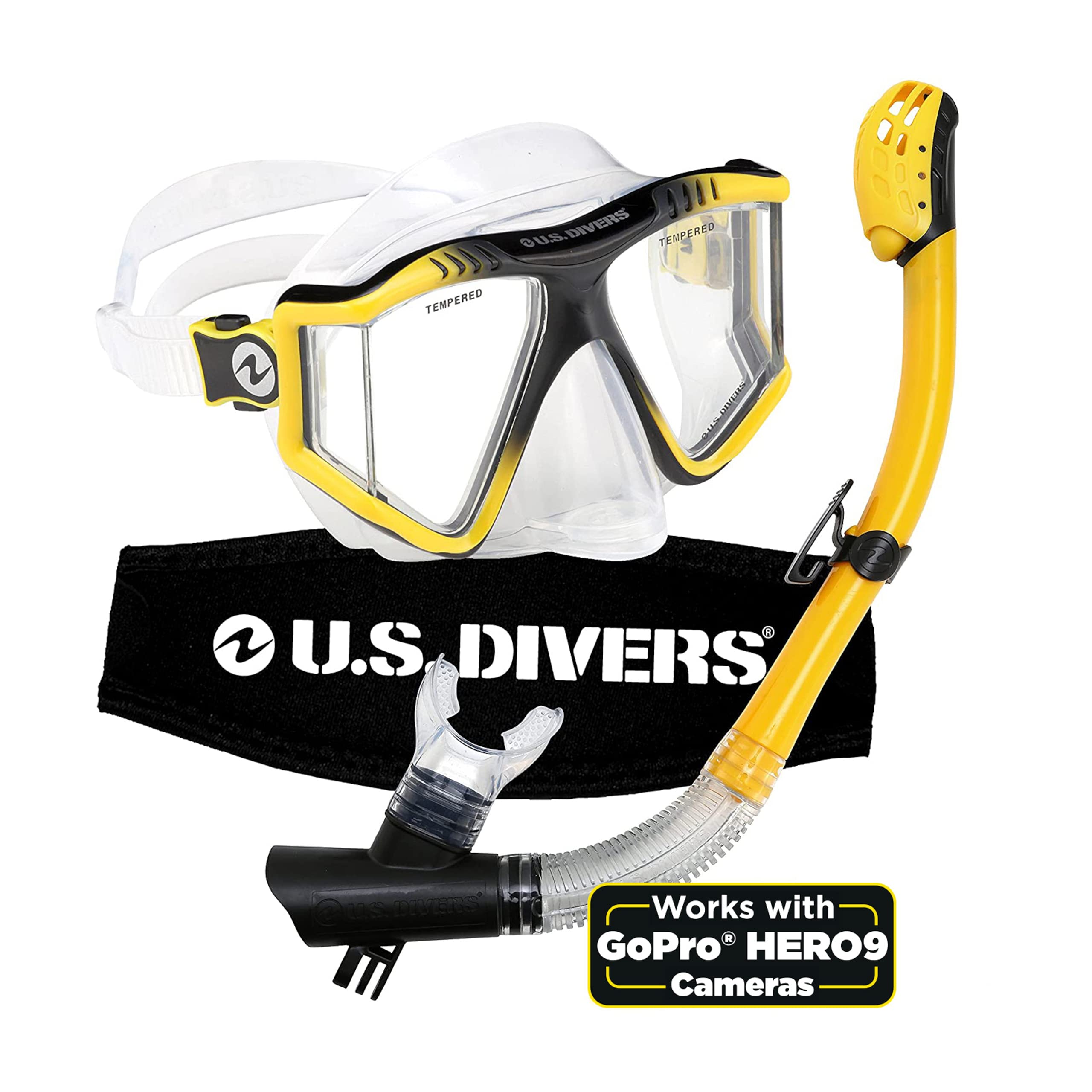 U.S. Divers Lux Mask Snorkel Diving Underwater Combo Set with Mount Compatible with GoPro Cameras, Yellow