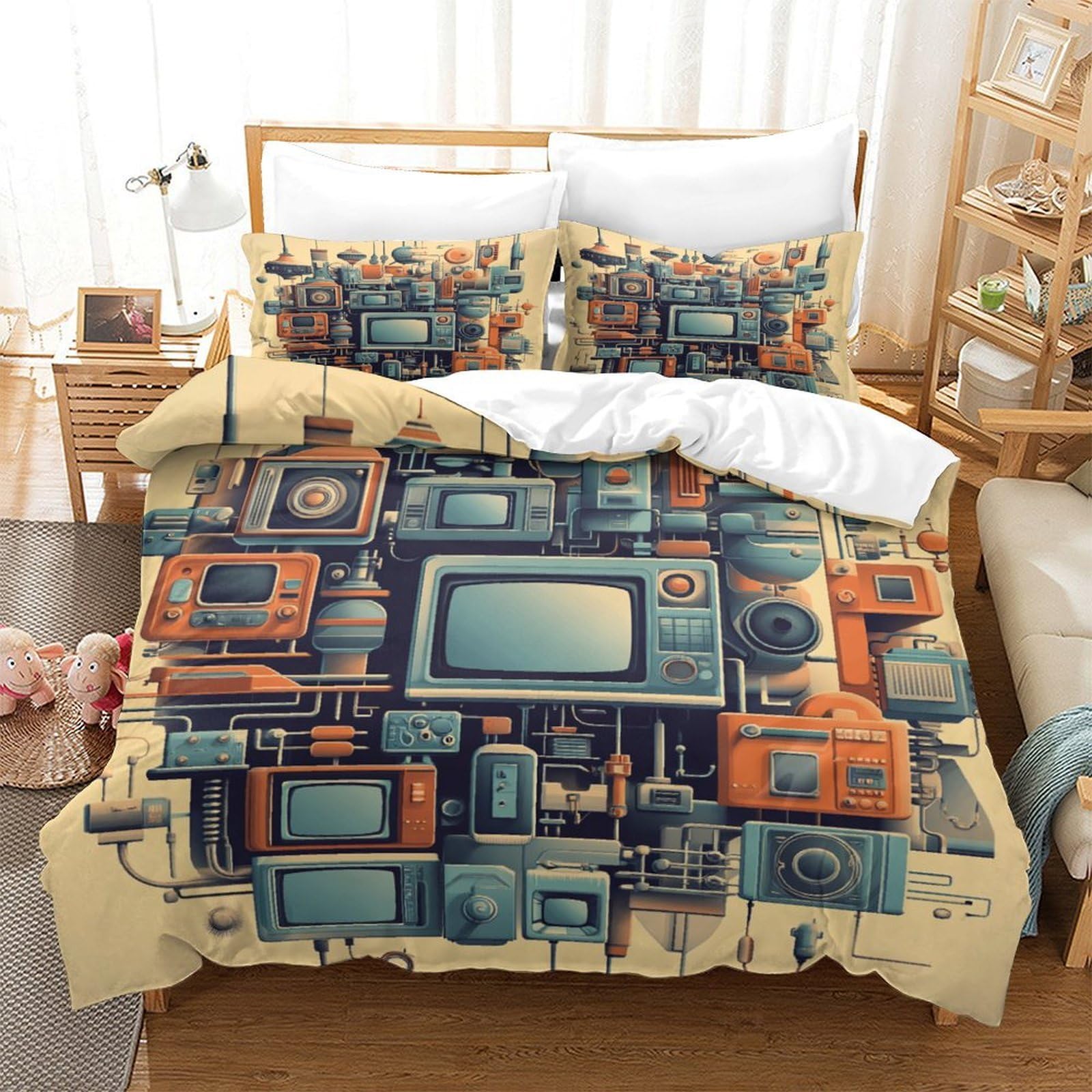 Retro-Technik-Gadgets 3D Bedruckt Bettbezug 3teilig Mikrofaser fleckenfest Vintage-Mechanik Deckenbezug 2 Kissenbezüge hautfreundlich Jugendzimmer Deko Super King（260x220cm）