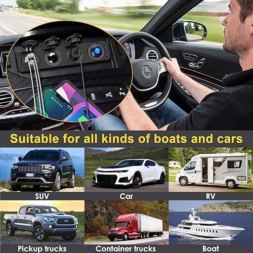 Miniatura 8 de (4 en 1) Panel de enchufe de encendedor de cigarrillos USB de 12 V 78 W 3 puertos USB C 12 V Salida Dual PD 30W y QC 18W Puerto con voltímetro,