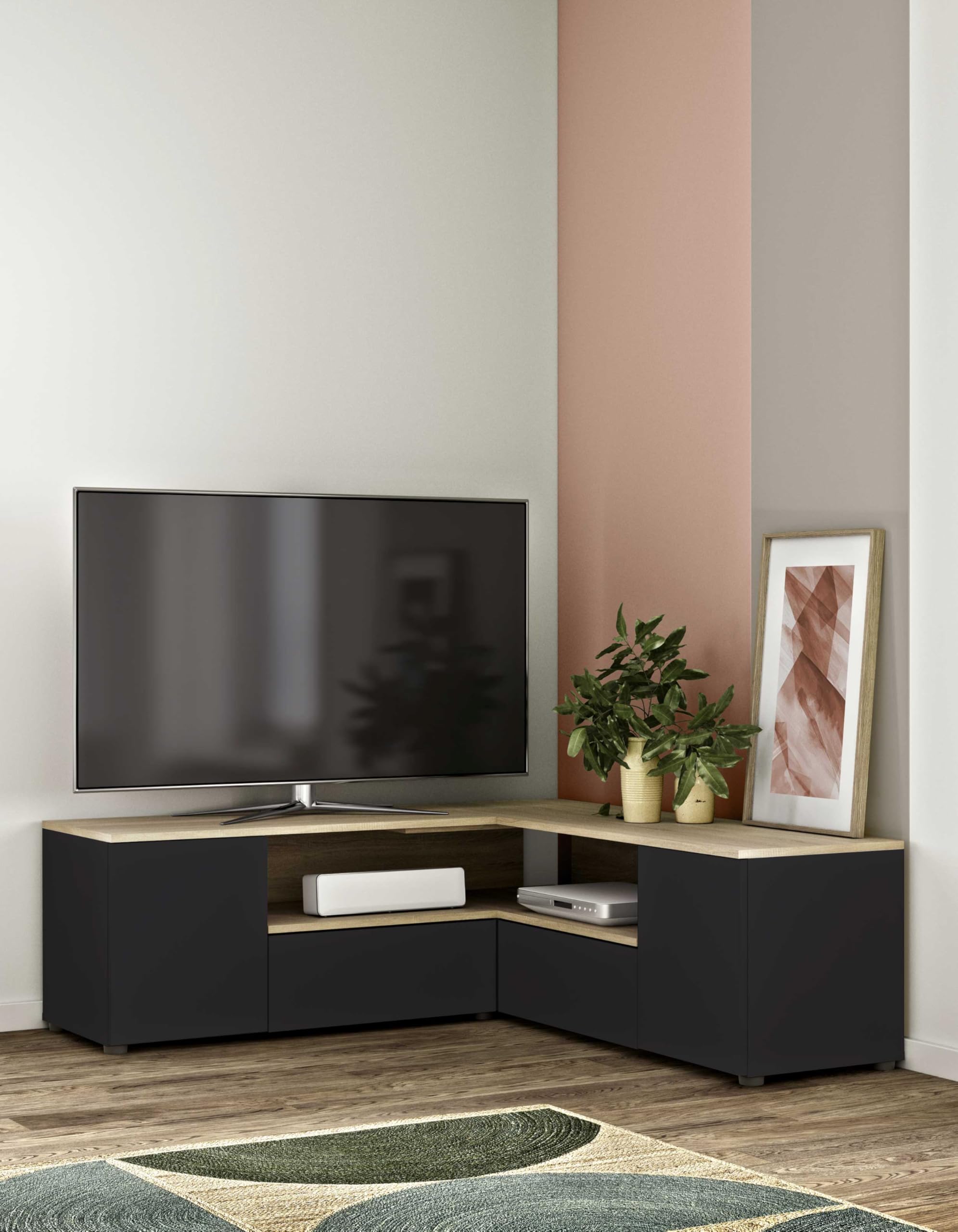 Symbiosis Angle, Tavolino porta tv angolare, Nero e Rovere Naturale 130x130.05x45 cm