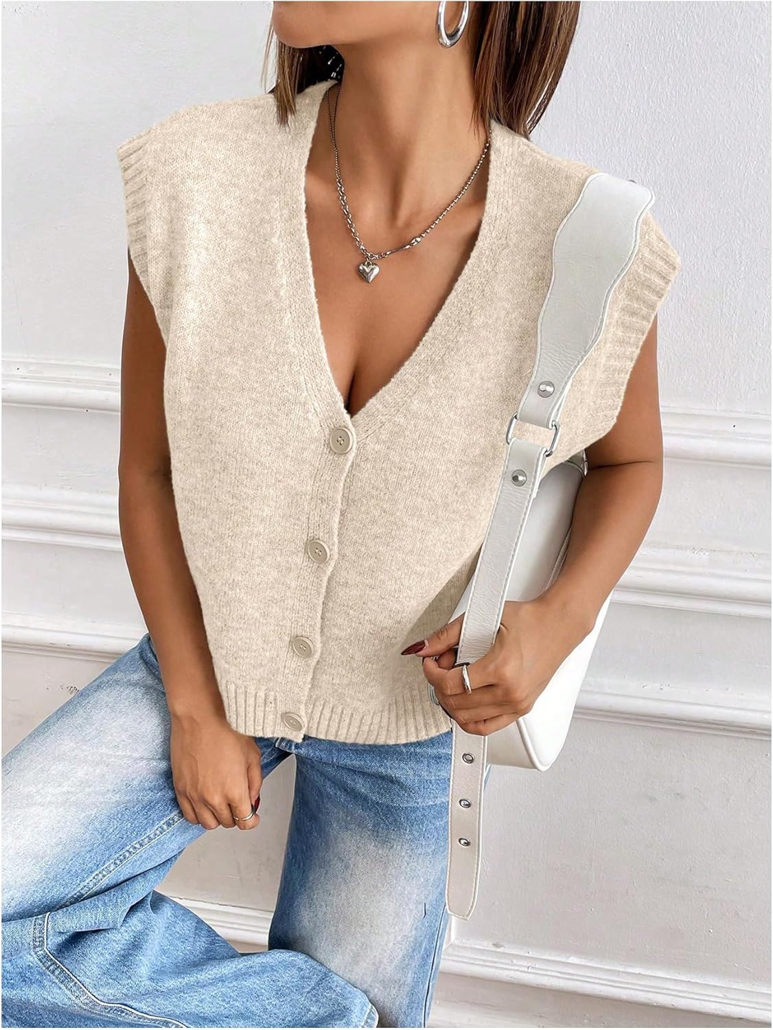 OYOANGLE Women's Sweater Vest Button Down V Neck Sleeveless Knitted Cardigan - Image 2