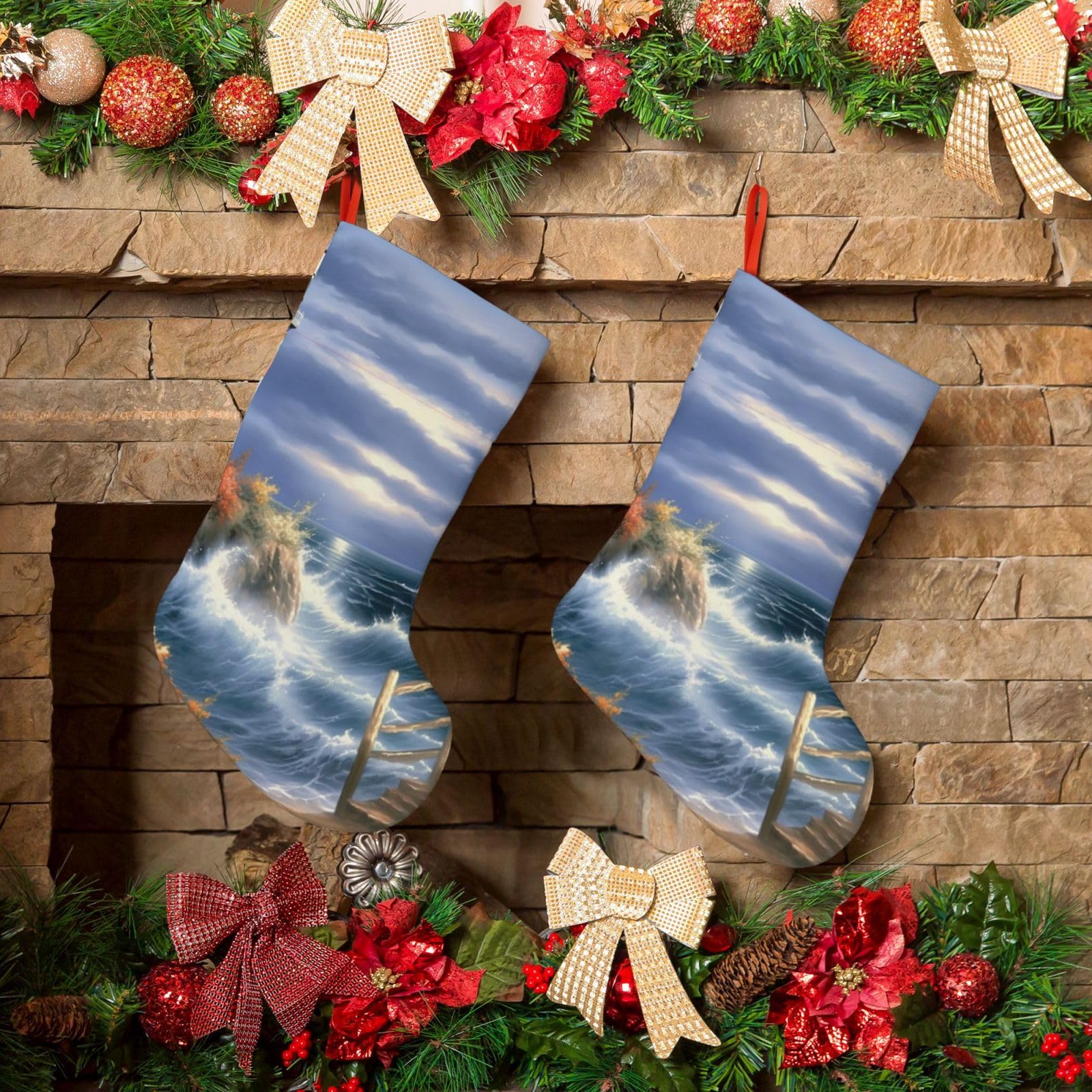 Lighthouse Diamond Painting Christmas Stockings 18 Inches Velvet Xmas Fireplace Hanging Stocking Rustic Christmas Santa Stockings for Home Christmas Decorations Party Favor Supplies