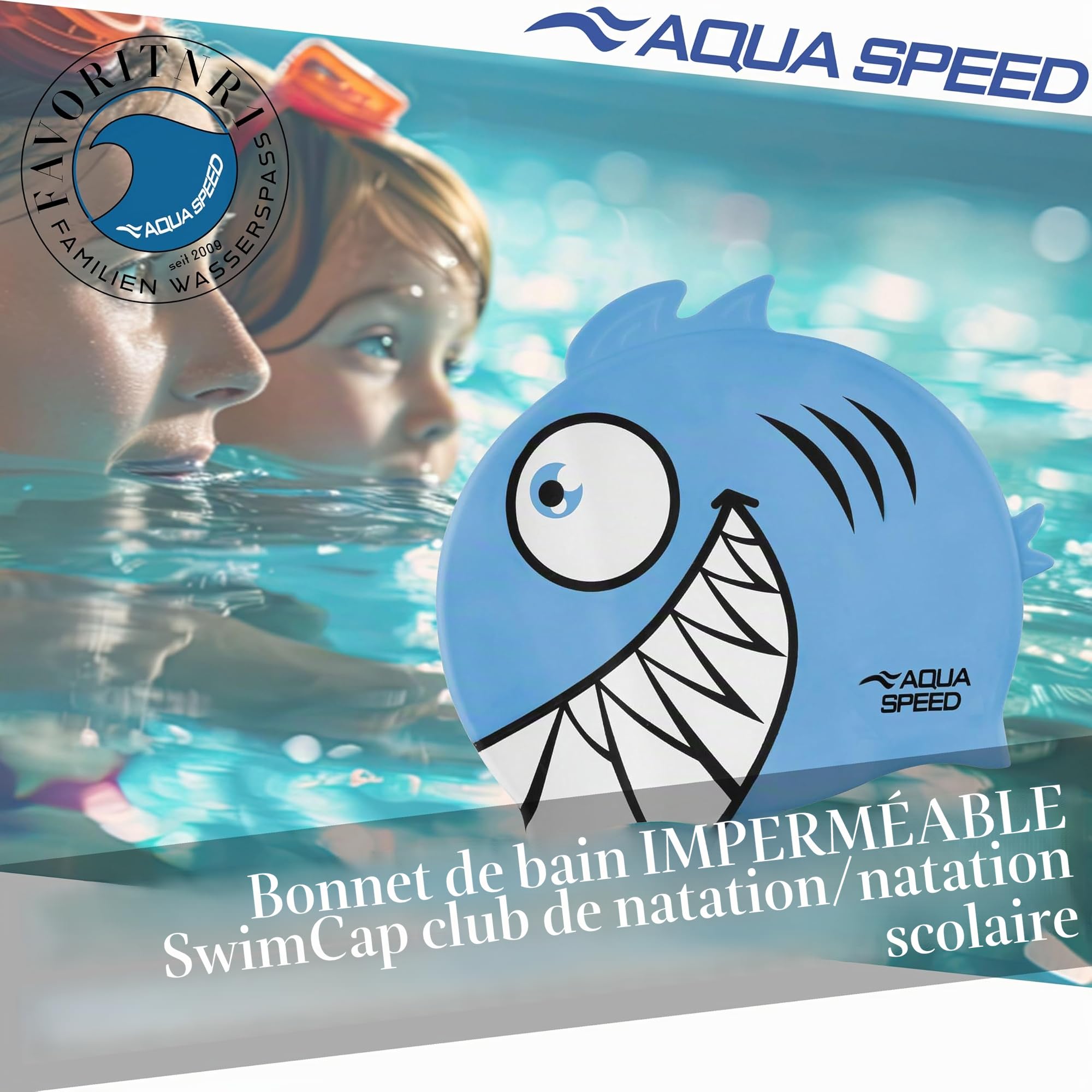 Aqua-Speed - Shark Bonnet de Bain pour Enfants | Silicone | Natation | Flexible | Requin