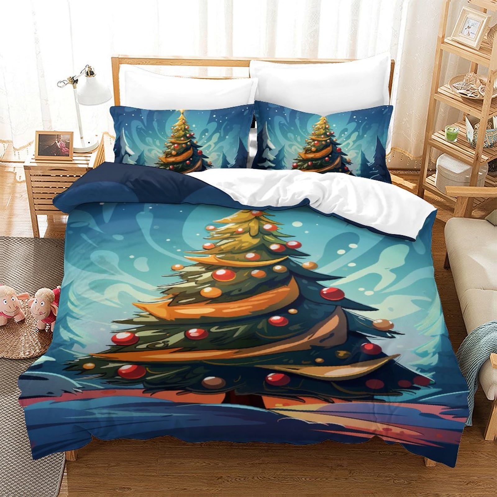 BARDYS Christmas Tree 3D Printed Duvet Cover Set 3 Pieces Bedding Set Soft Microfiber with Zipper Closure，Pillowcases for Teens And Adults Single（140x200cm）