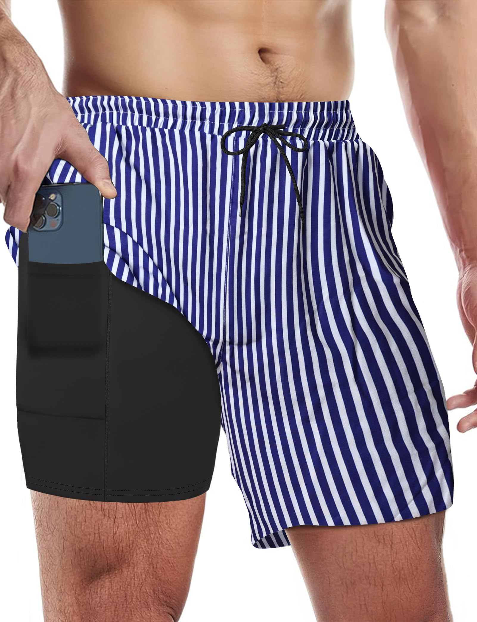 Buauty Mens Swim Trunks with Compression Liner 5 Inch Inseam Quick Dry Swim Shorts Mens Swimsuit Board Shorts with Pockets