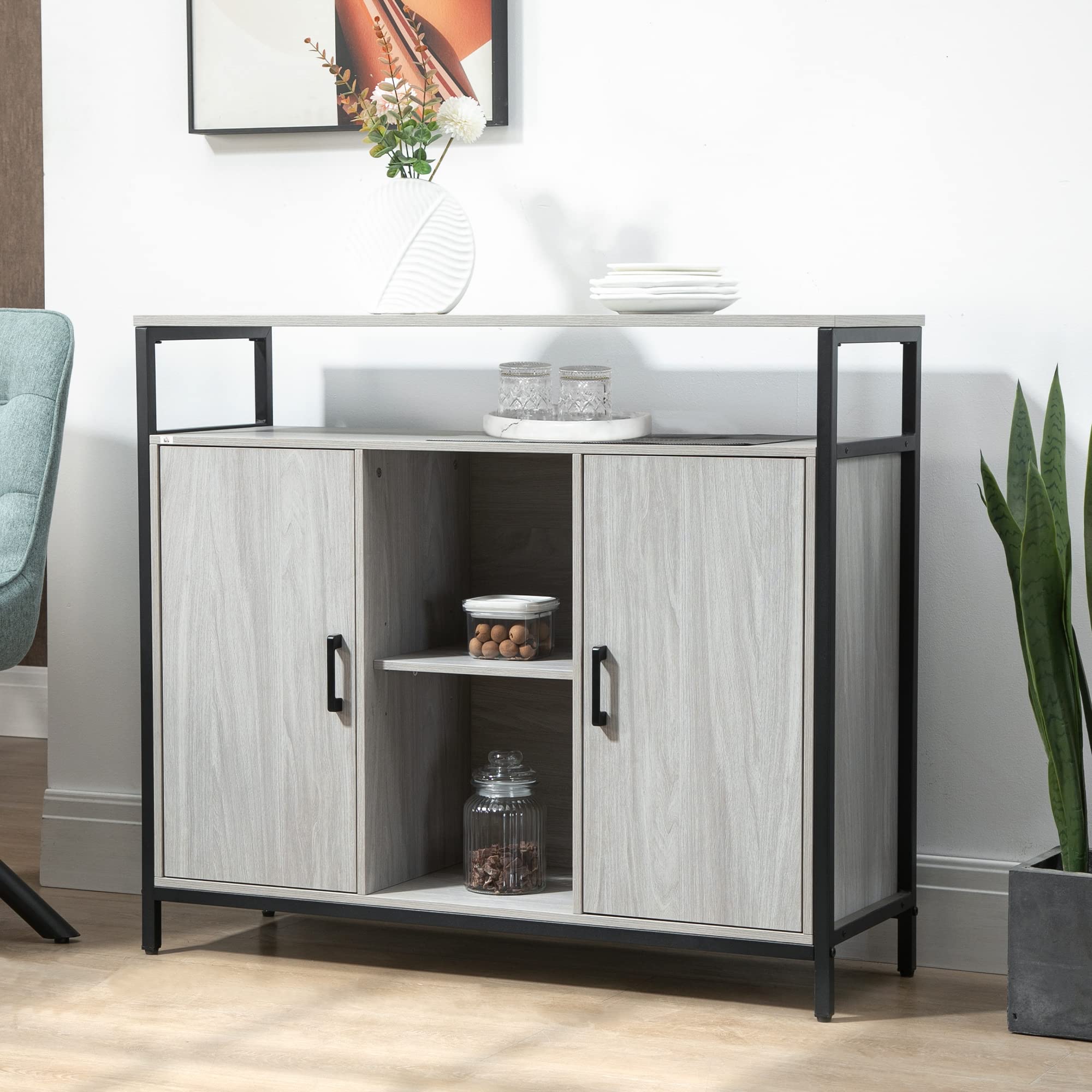 HOMCOM Credenza Moderna in Legno Mobile Cucina 100x34x87.2cm Grigio Chiaro | 2 Armadietti e Ripiani, per Ingresso