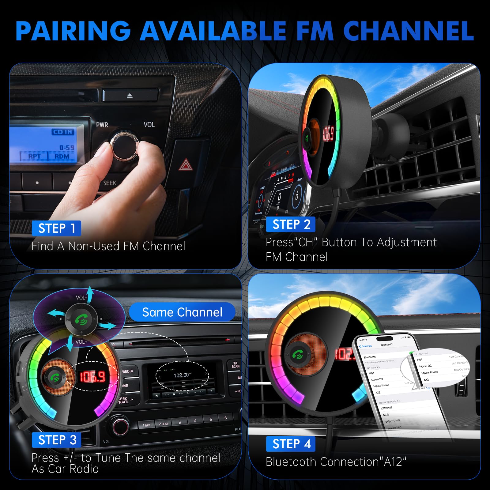Bluetooth Car Adapter FM Transmitter Car Radio Bluetooth Transmitter, 7 Colors LED Backlit, QC3.0 Fast Charging - Image 3