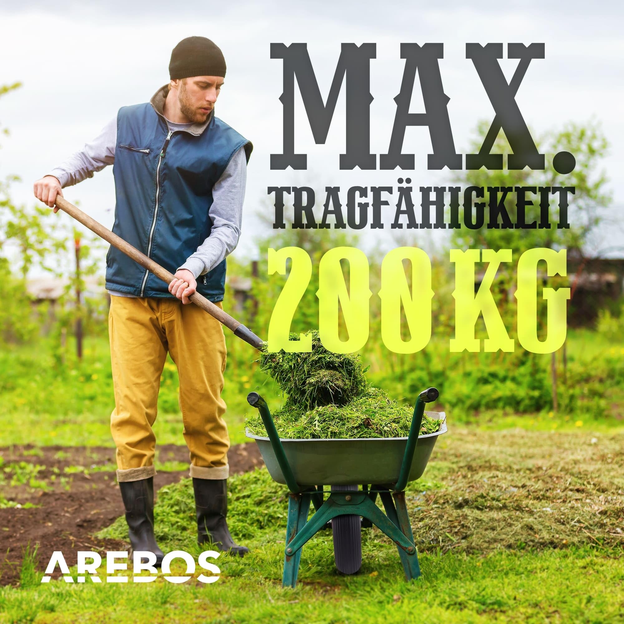 Arebos Schubkarrenrad aus pannensicherem PU Vollgummi Tragkraft 200 kg | Reifen mit Stahlfelge | 4.80/4.00-8 | Ersatzrad Gummirad mit Achse | Schubkarren Rad | Durchmesser 390 mm | Grau