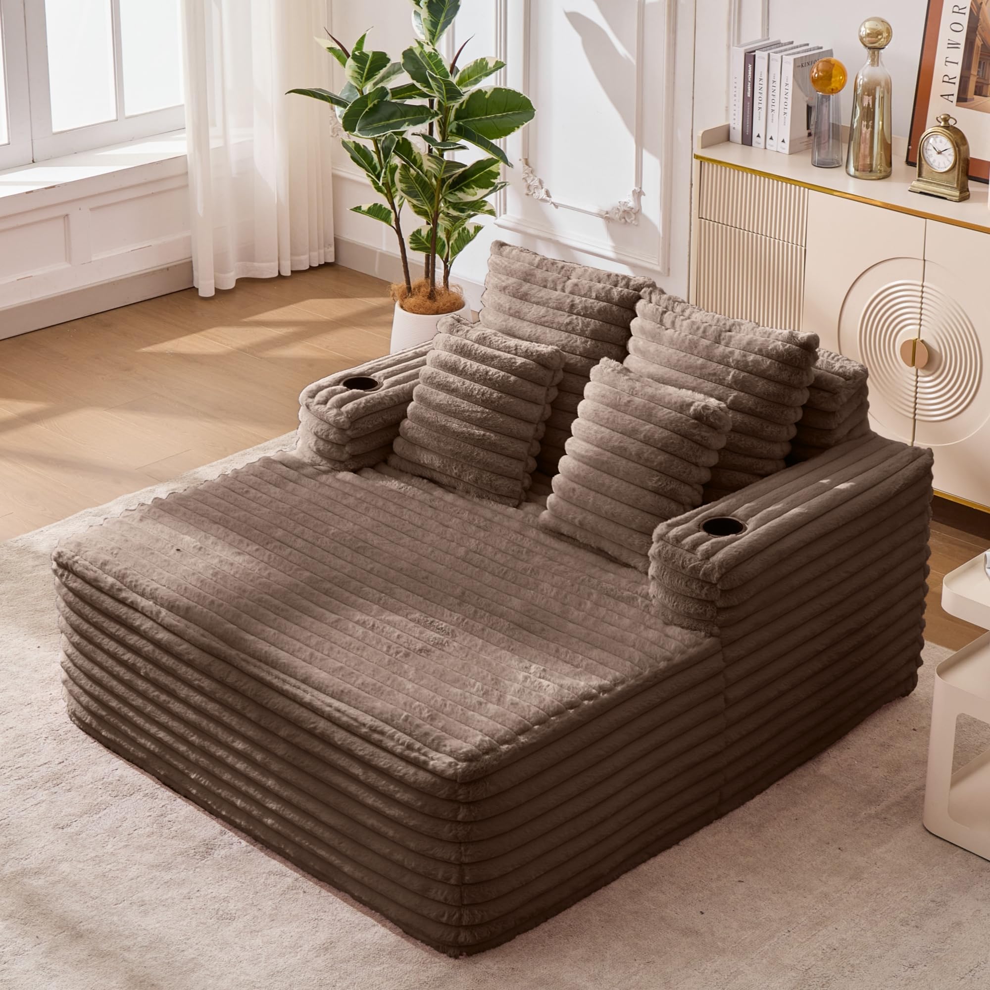 Sillón de lectura grande – Sillón de piel sintética mullida con soporte para bebidas, chaise longue Cloud Chair sin montaje, marrón (marrón, 135 cm × 128 cm × 86 cm)