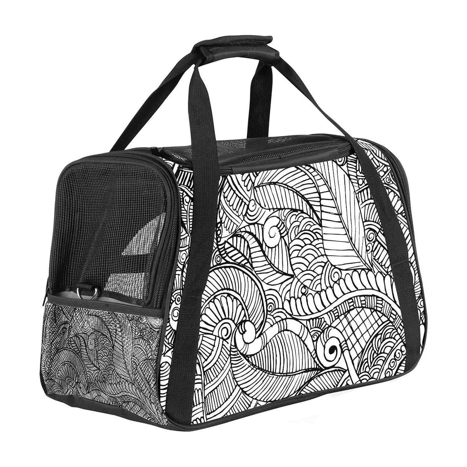 Sac de transport pour animal domestique approuvé cabine avion motif mandala noir et blanc