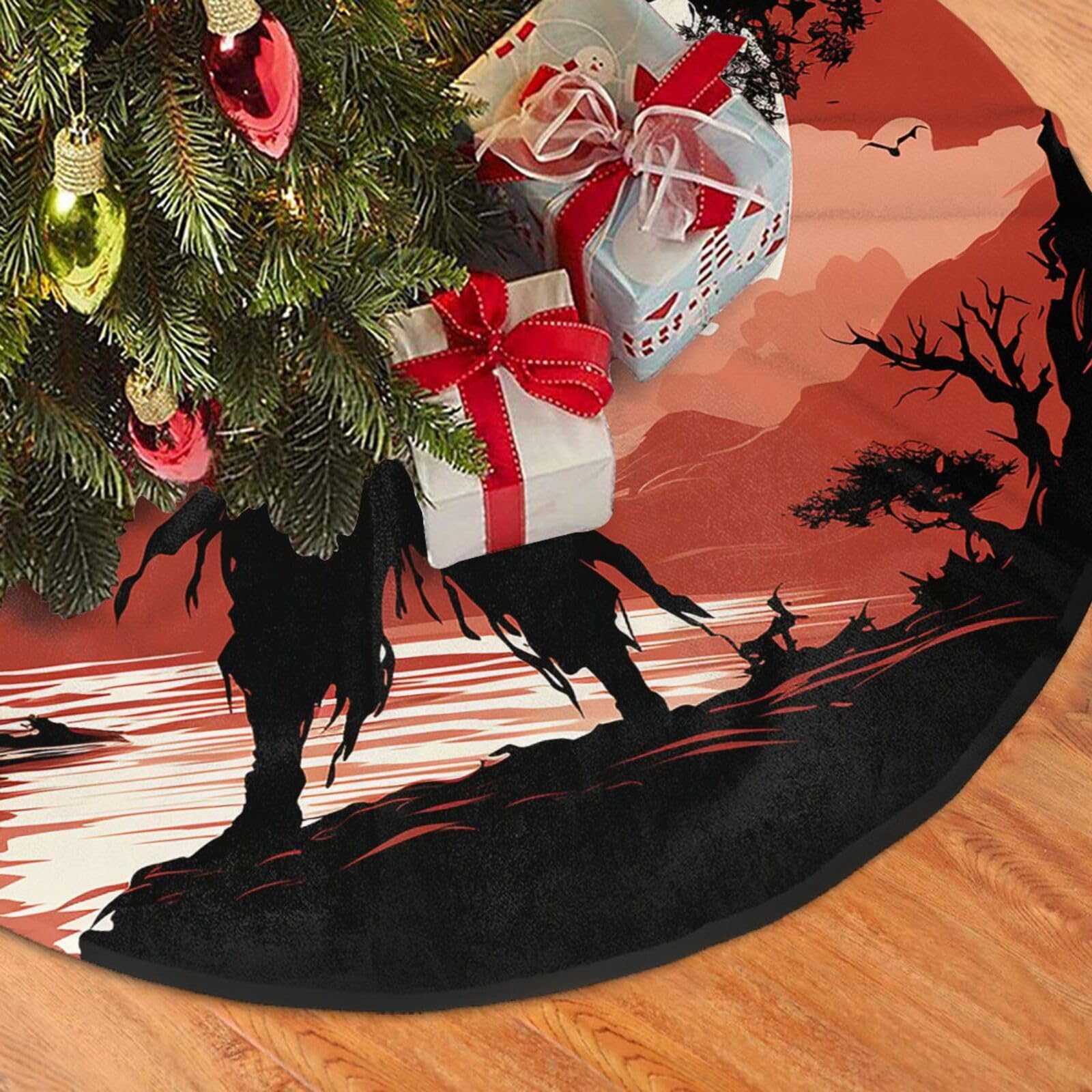 Fodpand Black Samurai Christmas Tree Skirt 48" Velvet Xmas Tree Skirt Mat Rustic Christmas Tree Mat Cover Winter Xmas Tree Collar For Indoor Outdoor Christmas Decorations