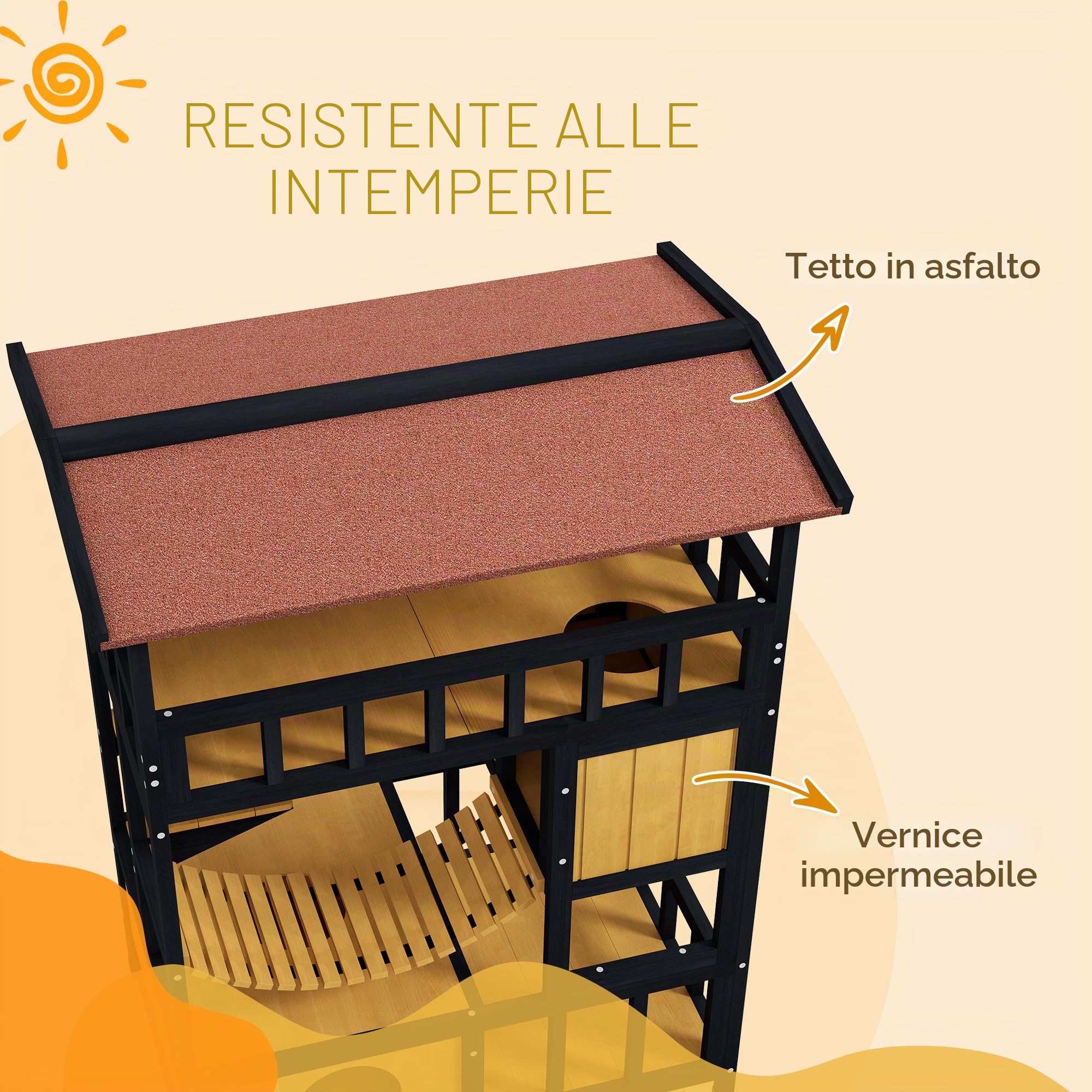 PawHut casa per gatti in legno, grotta per gatti con piattaforme, ponte sospeso, rifugio per gatti fino a 2 gatti, interno ed esterno, giallo