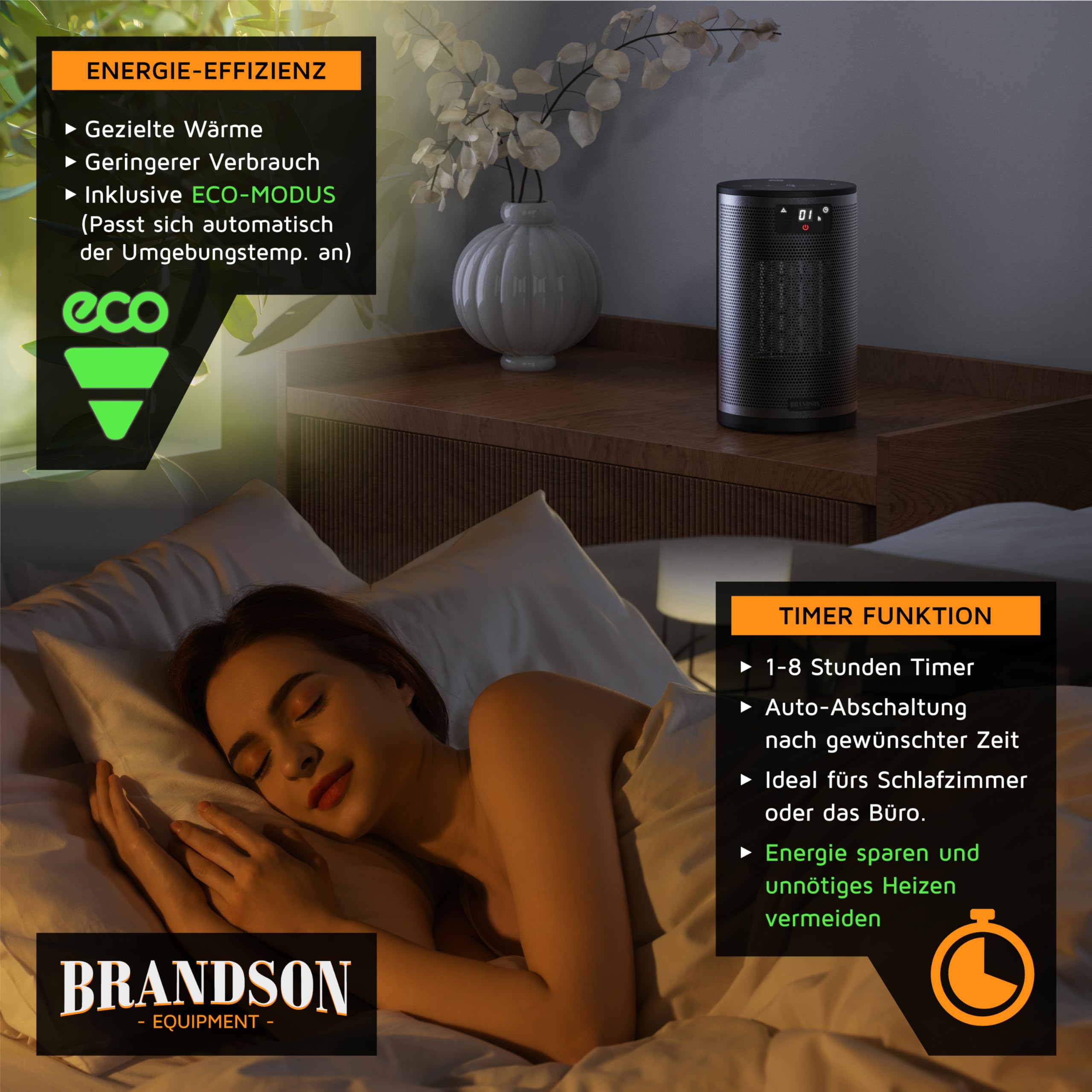 Brandson - Heizlüfter mit Fernbedienung - Preisträger - ECO Modus energiesparend leise - 1500 Watt - 2 Stufen - Kippschutz und Überhitzungssschutz
