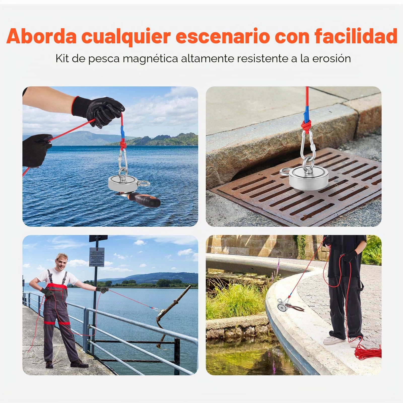 VEVOR Kit de Pesca con Imán de Doble Cara Fuerza de Tracción de 771 kg Kit de Pesca con Imán de Neodimio de Tierras Raras con Gancho de Agarre, Cuerda Resistente, Guantes y Perno de Ojo, Rojo