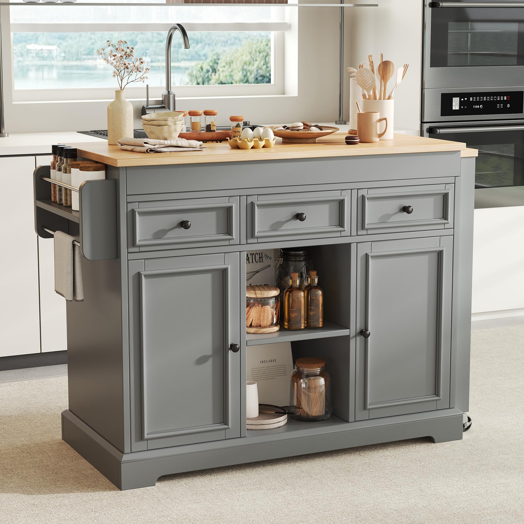 Isola da cucina su ruote, per sala da pranzo estensibile, isola da cucina con portaspezie e cassetti, isola mobile autoportante, ideale per cucina e sala da pranzo (grigio)