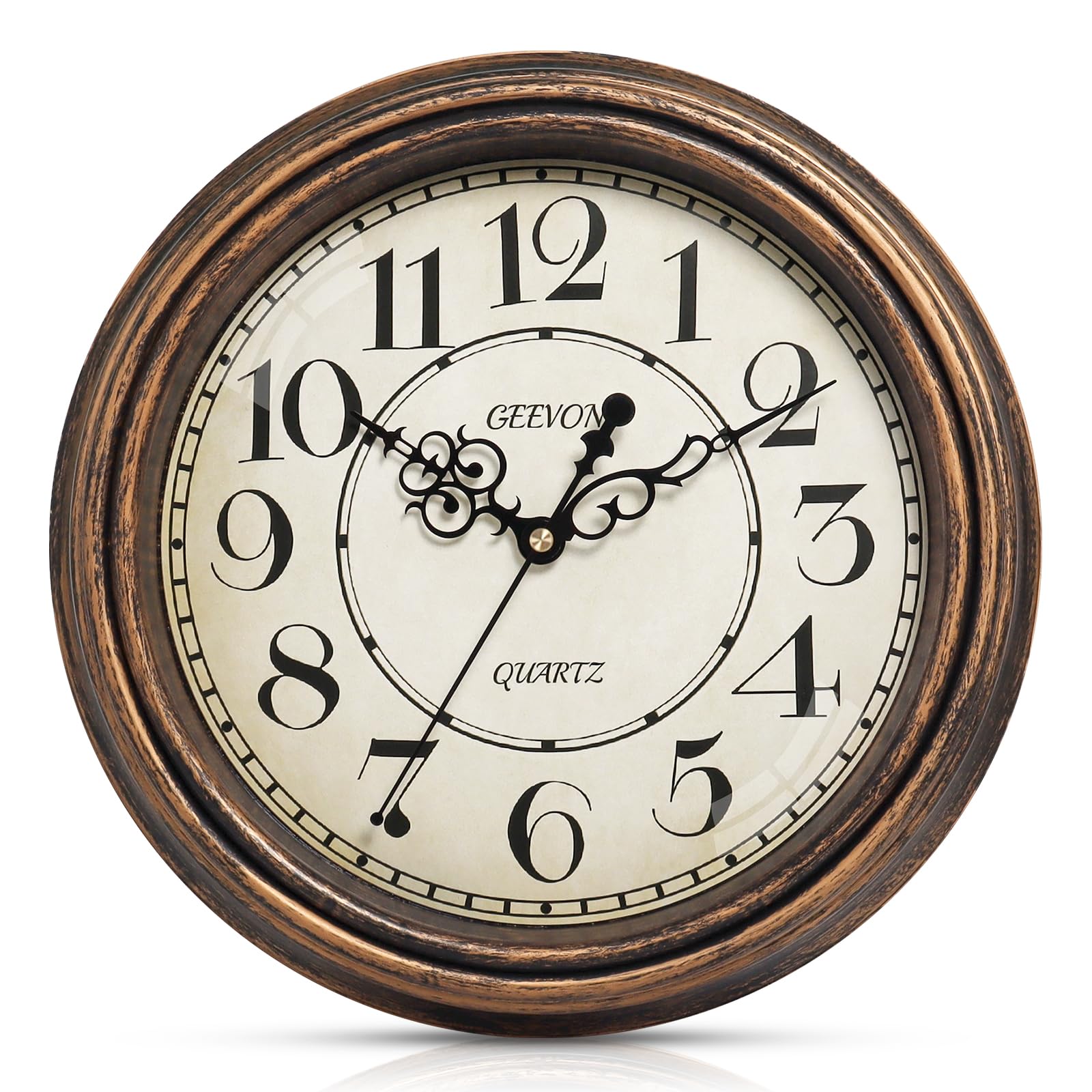 Geevon Retro Wall Clock, Silent Non Ticking Round Vintage Quartz Battery Operated Wall Clock for Kitchen, Office, Classroom, Bedroom, Living Room (Golden Brown Retro Point, 12 Inches)