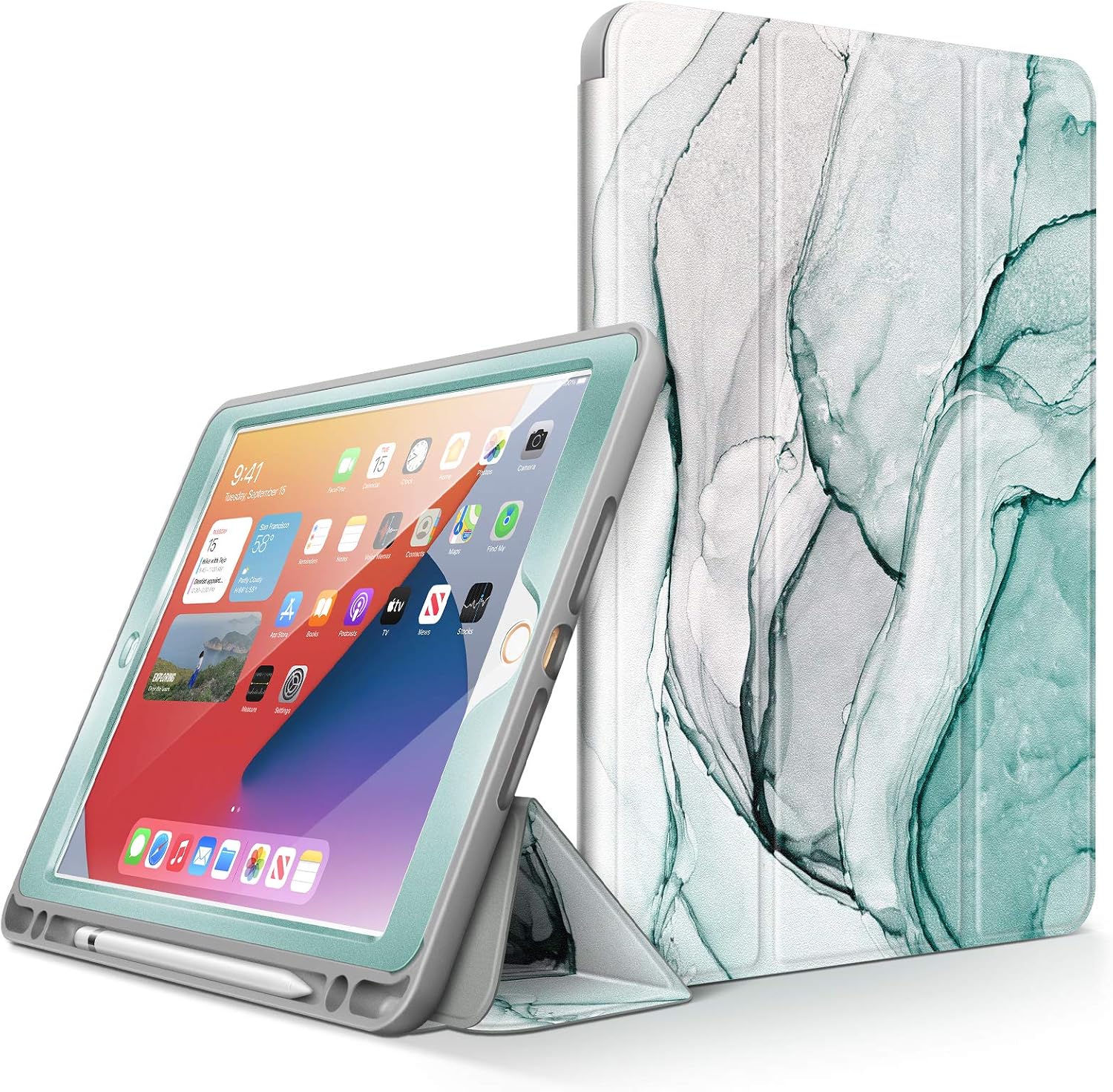 GVIEWIN Marble Case Compatible with New iPad 8th/7th Generation, Stylish Slim Protective 10.2-Inch Trifold Smart Case with Auto Sleep/Wake, Built-in Screen Protector & Pencil Holder (Agaria/Cyan)