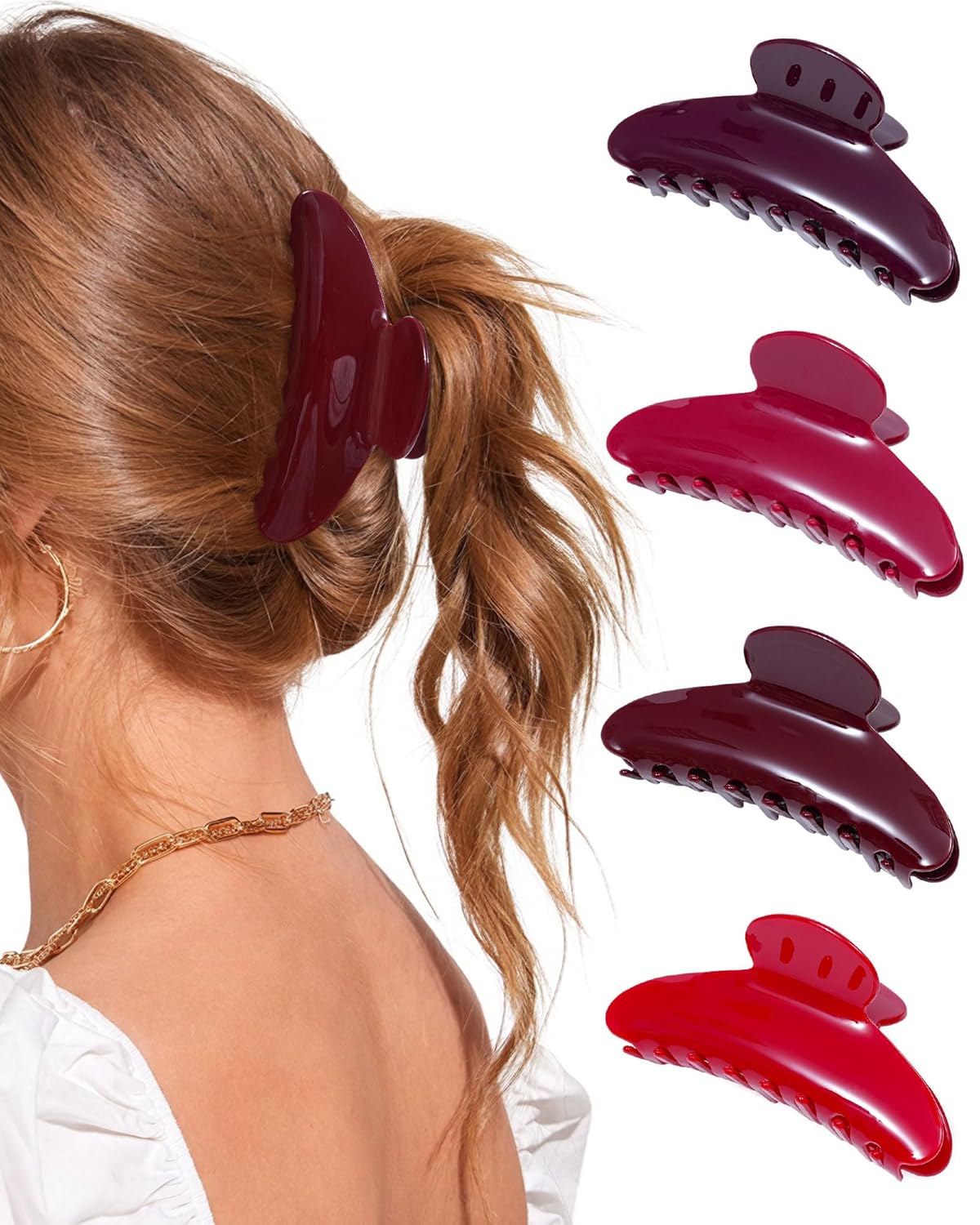 Lourny Acrylic Hair Clips for Women, 4.1 Inch Large Claw Clips for Thin Thick Hair Lightweight 4 PCS Non-Slip Cute Jaw Clips(Cherry Red)