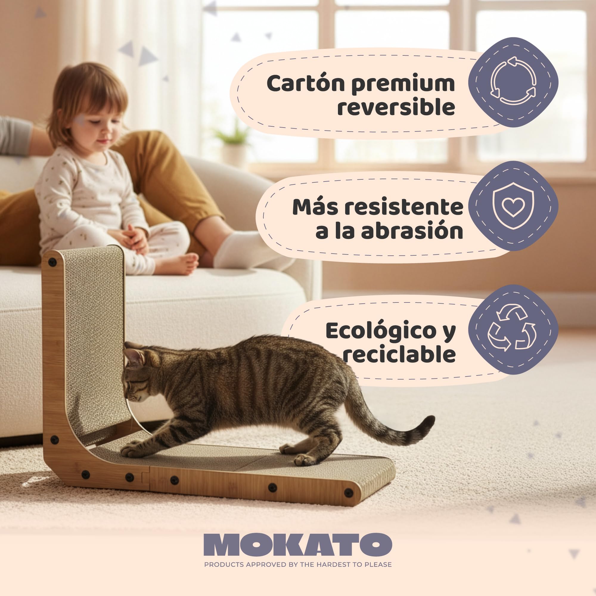 Rascador para Gatos en Forma de L Mokato - Cartón Ondulado Reversible, Base Antideslizante, con Ratón y Matatabi (Silvervine) Natural, 3 Tamaños S/M/L - (L (68 x 42 cm))