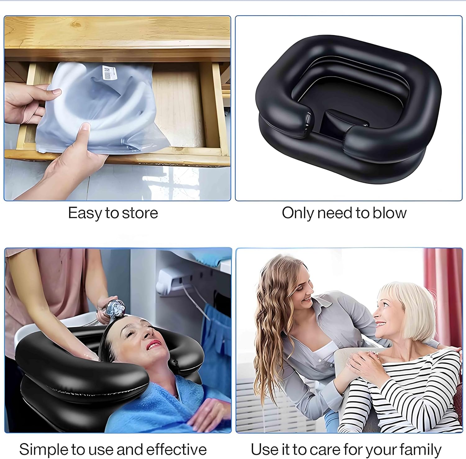 Inflatable Shampoo Basin - Portable Hair Washing Tray for Disabled, Elderly, Bedridden - Leak-Proof, with Neck Support & Drain Hose - Perfect for Dreadlocks, Curly & Thick Hair(Black)